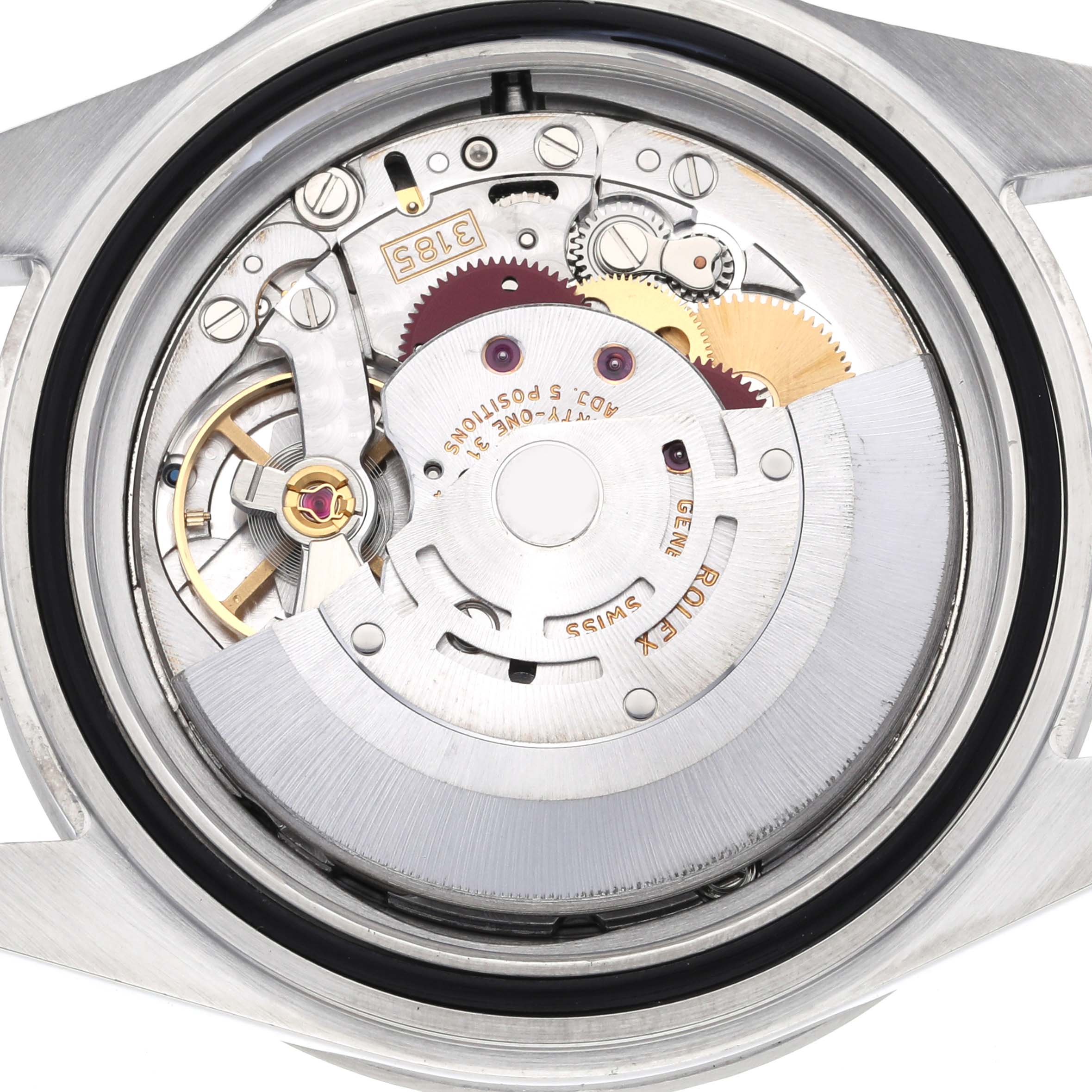 This image shows the internal mechanism of a Rolex Explorer 16570 Men's Stainless Steel Black Dial 16570 Men's Stainless Steel Black Dial watch from a top-down angle.
