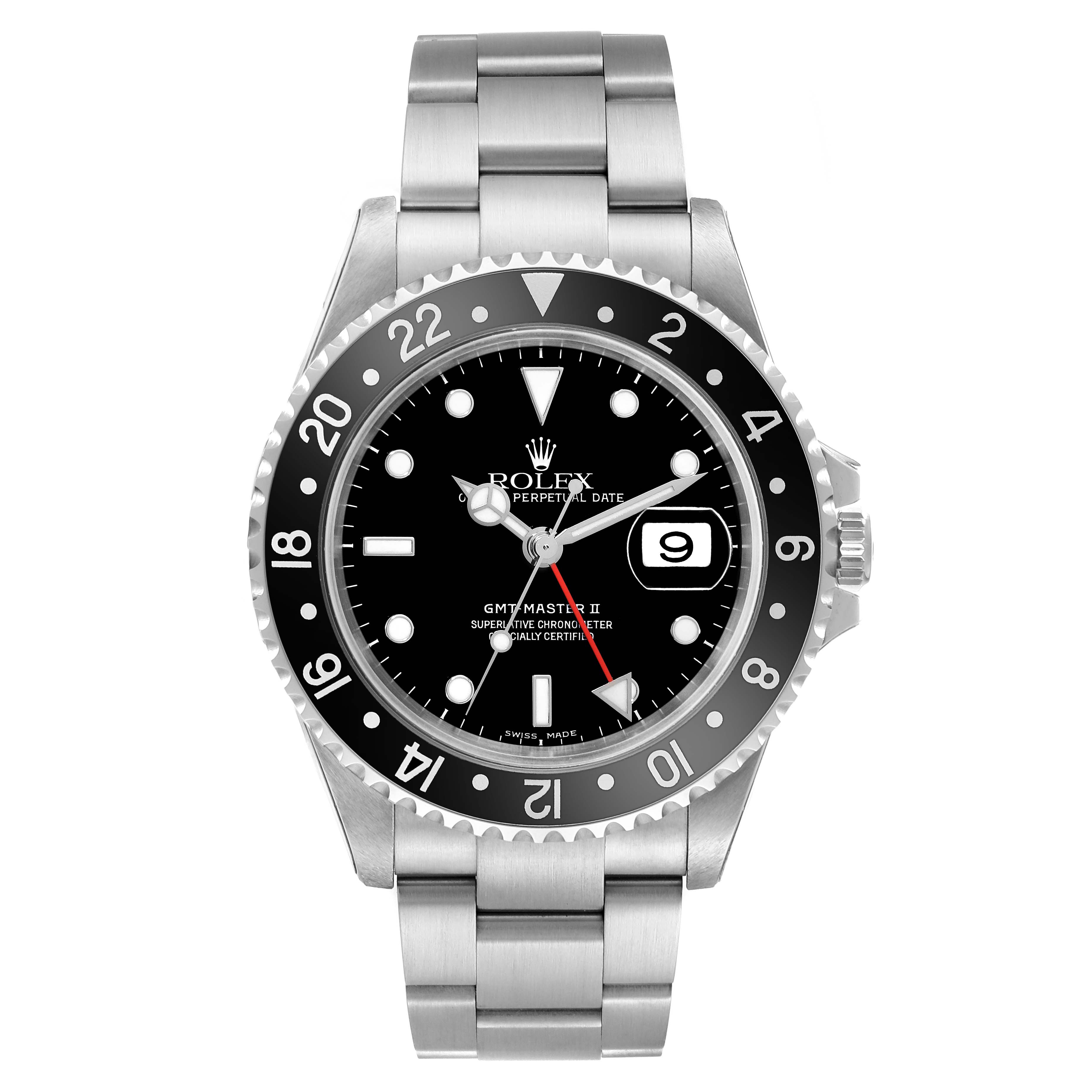 The image shows a front view of a Rolex GMT-Master 16710 Men's Stainless Steel Black Dial 16710 Men's Stainless Steel Black Dial watch, displaying the dial, bezel, and bracelet.
