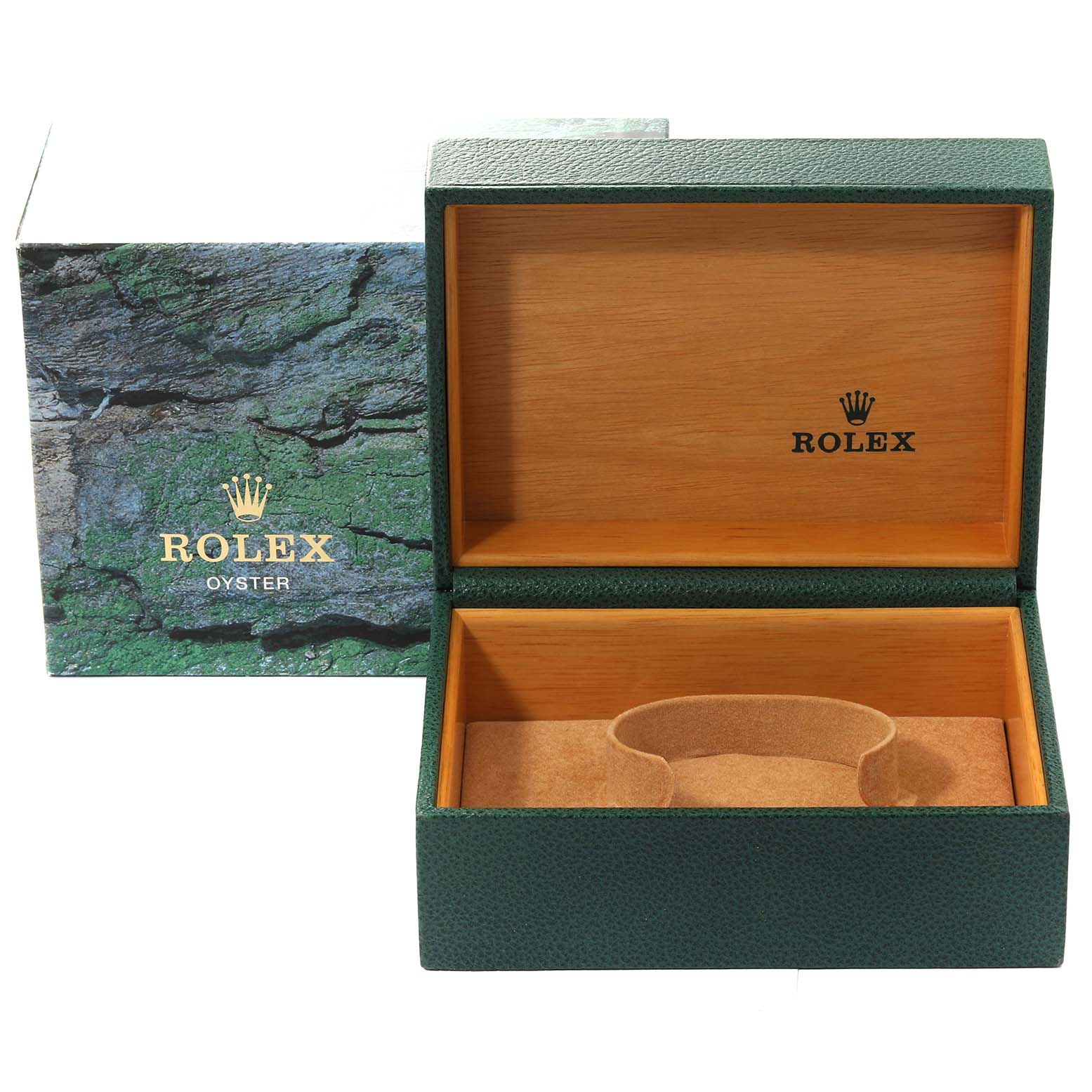 This image shows an open Rolex box with the lid raised, revealing the interior cushion and wood lining for the GMT-Master model.