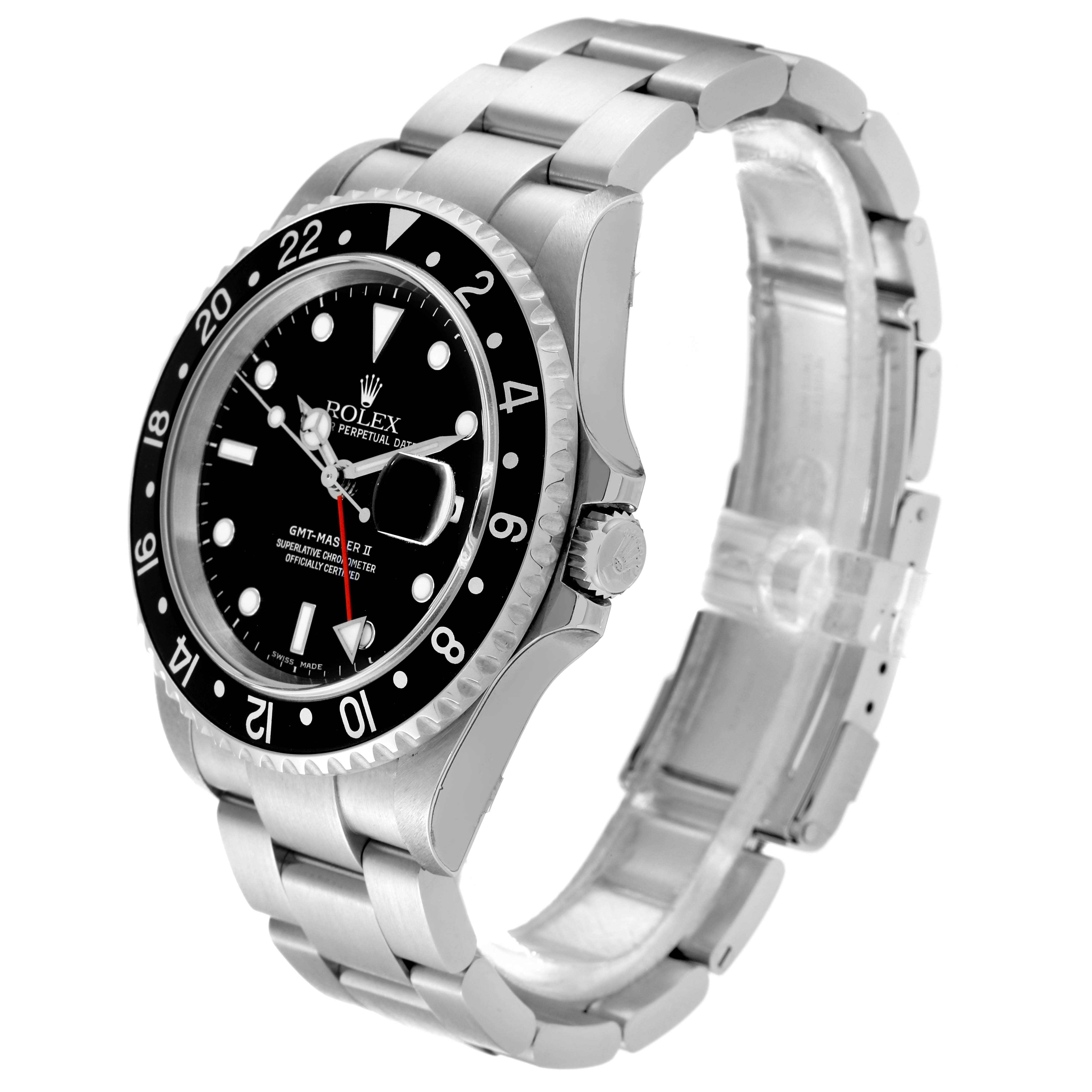This Rolex GMT-Master 16710 Men's Stainless Steel Black Dial 16710 Men's Stainless Steel Black Dial watch is shown at a slight angle, highlighting the face, bezel, crown, and part of the bracelet.