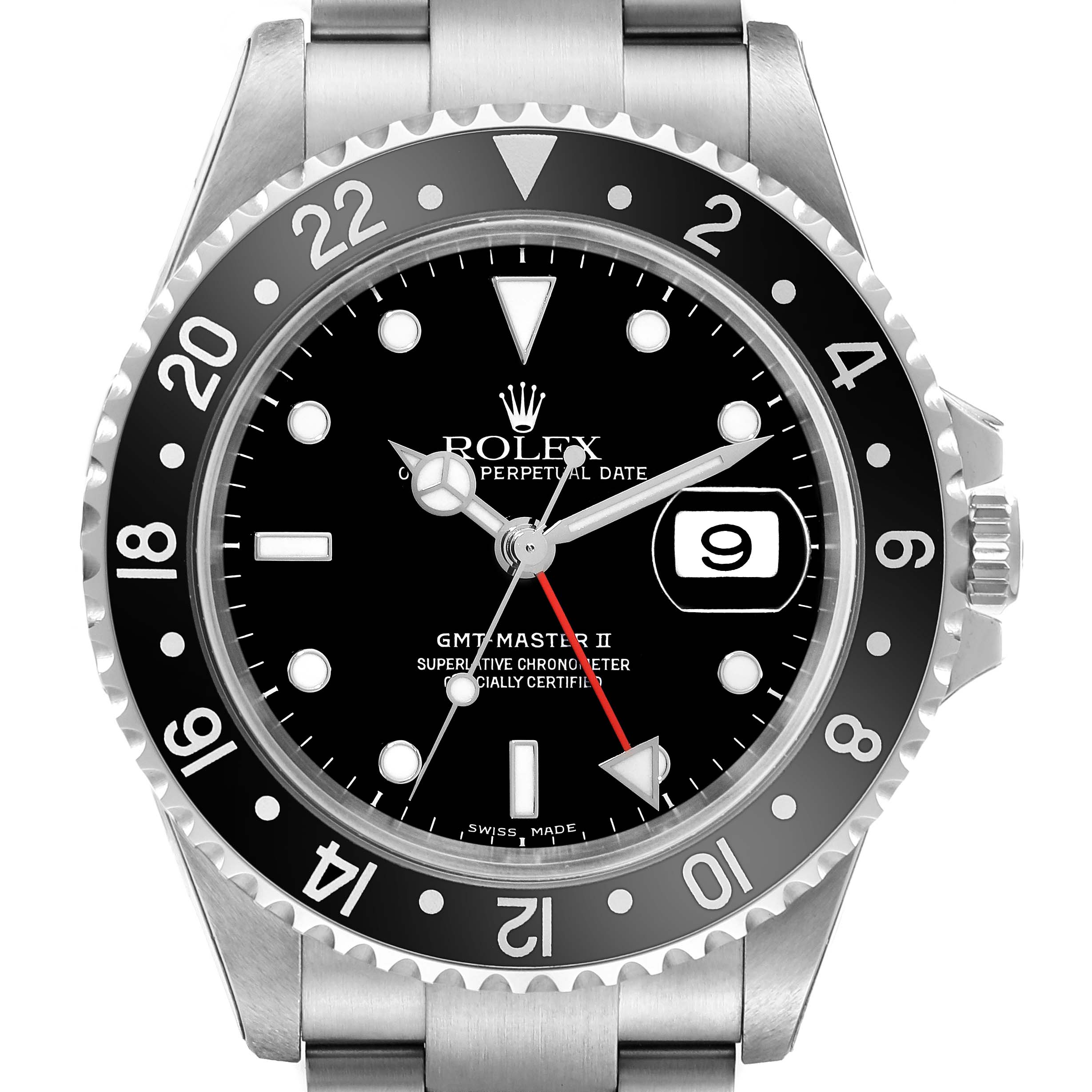 This Rolex GMT-Master 16710 Men's Stainless Steel Black Dial 16710 Men's Stainless Steel Black Dial II watch is shown from the front, highlighting the dial, bezel, and part of the bracelet.