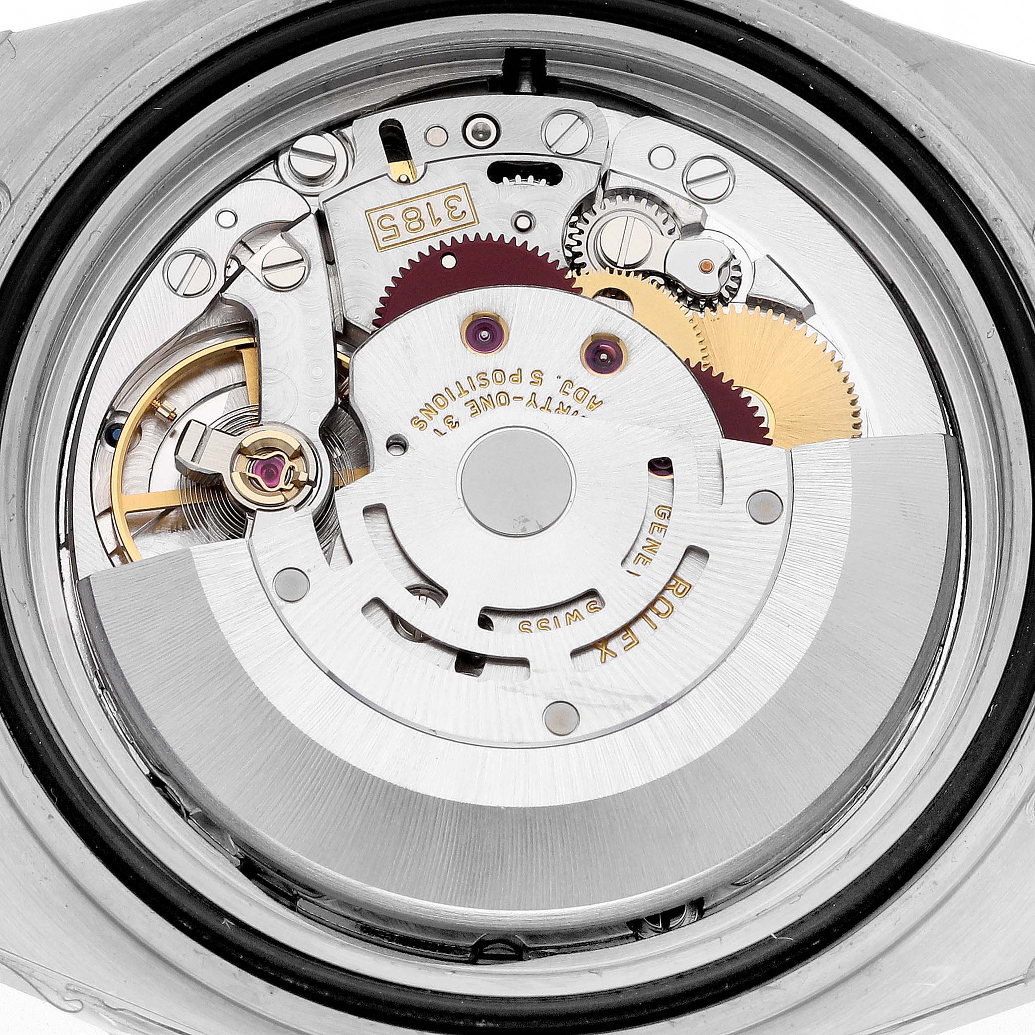 This is a close-up view of the movement of a Rolex GMT-Master 16710 Men's Stainless Steel Black Dial 16710 Men's Stainless Steel Black Dial watch, showing its intricate internal mechanisms.