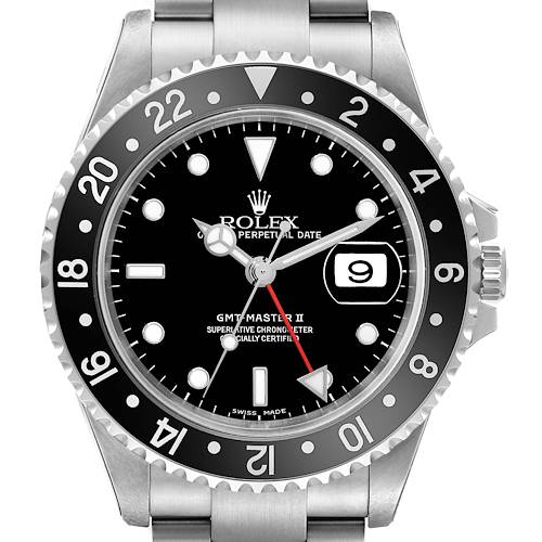 The image shows a front view of a Rolex GMT-Master II watch, highlighting the face, bezel, date window, and part of the bracelet.