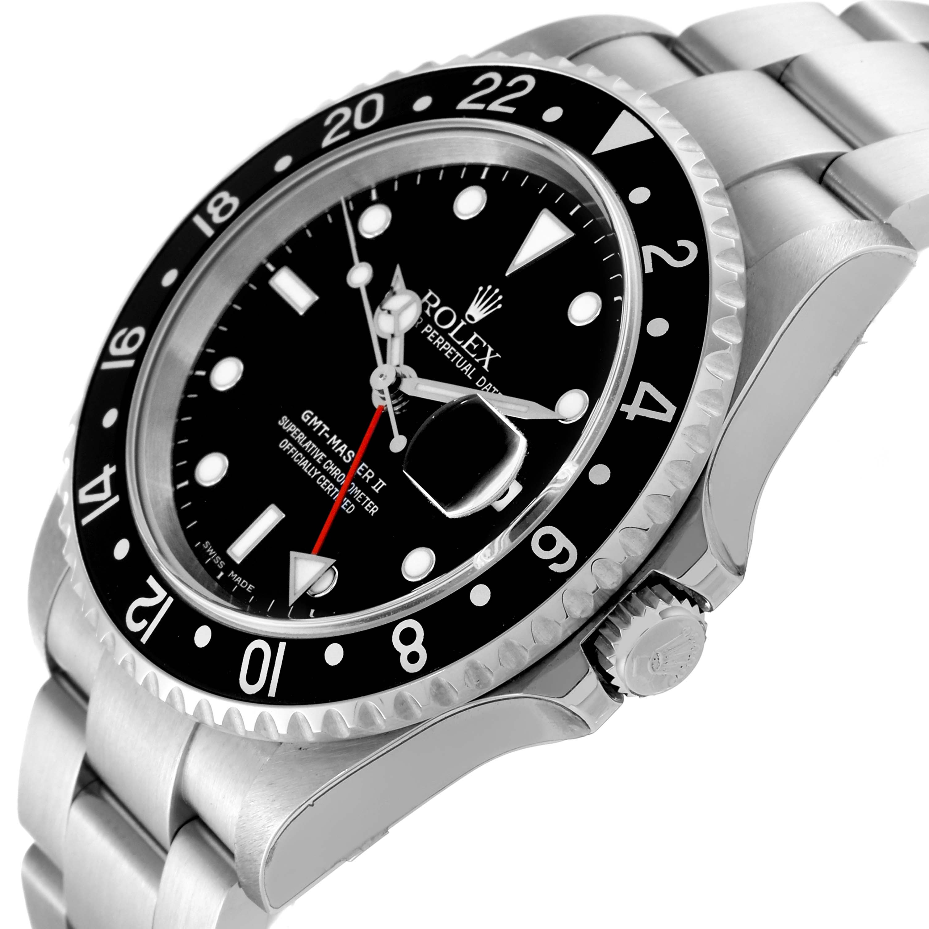 This Rolex GMT-Master 16710 Men's Stainless Steel Black Dial 16710 Men's Stainless Steel Black Dial watch is shown from an upper side angle, highlighting the bezel, dial, and part of the stainless steel bracelet.