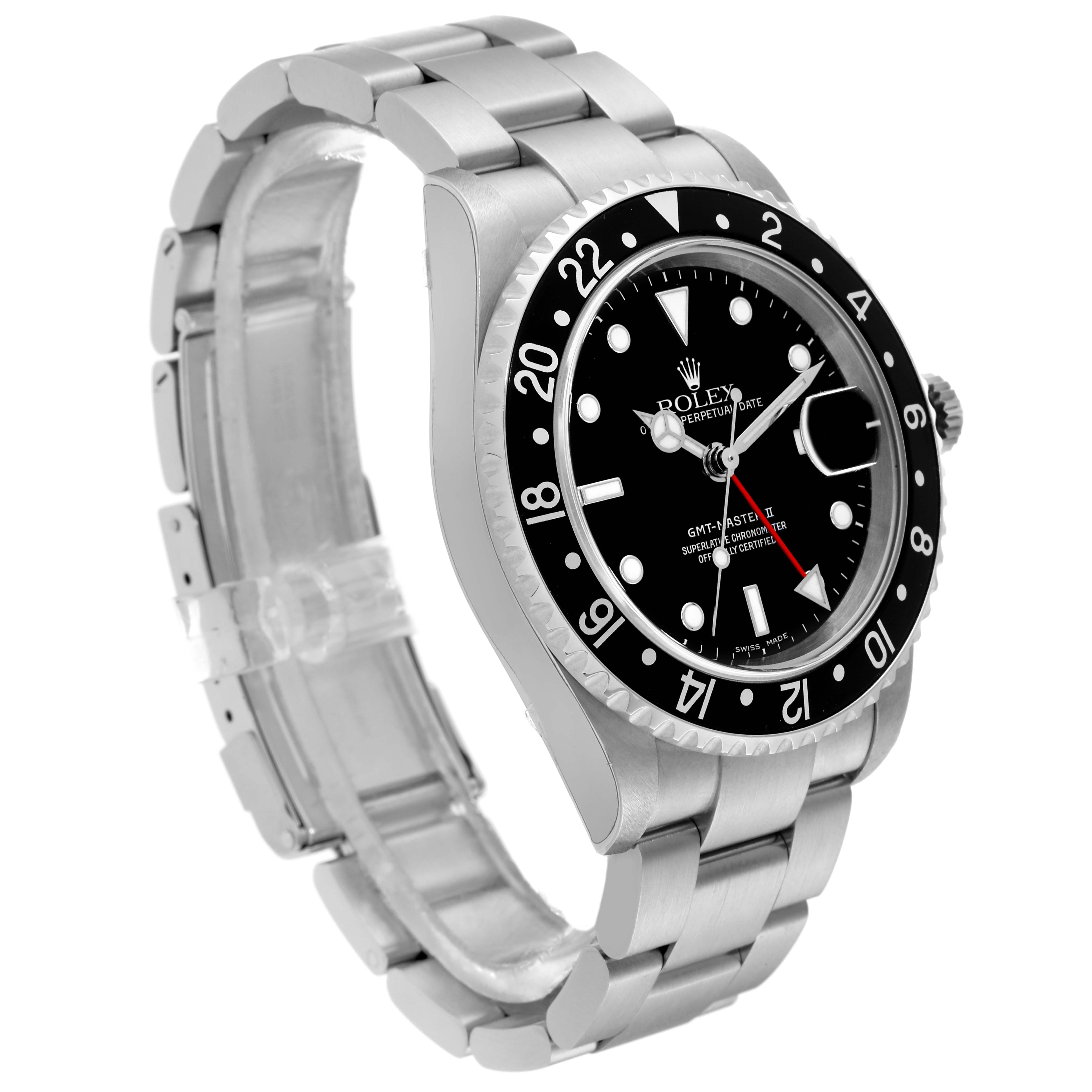 This Rolex GMT-Master 16710 Men's Stainless Steel Black Dial 16710 Men's Stainless Steel Black Dial watch is shown at an angled side view, highlighting the black bezel, dial, and bracelet.