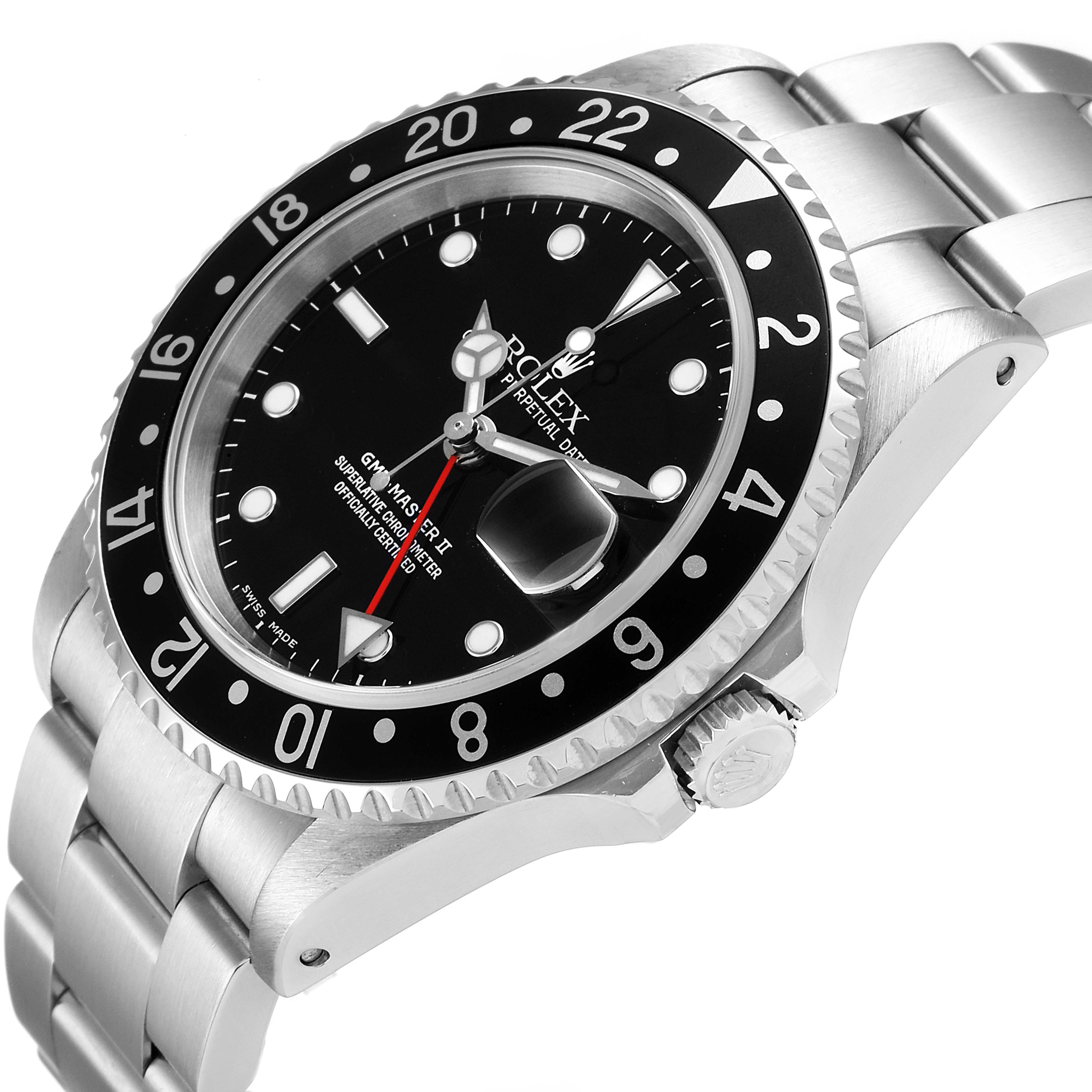 The image shows a close-up angle of the Rolex GMT-Master 16710 Men
s Stainless Steel Black Dial 16710 Men
s Stainless Steel Black Dial watch, highlighting the bezel, crown, and bracelet.
