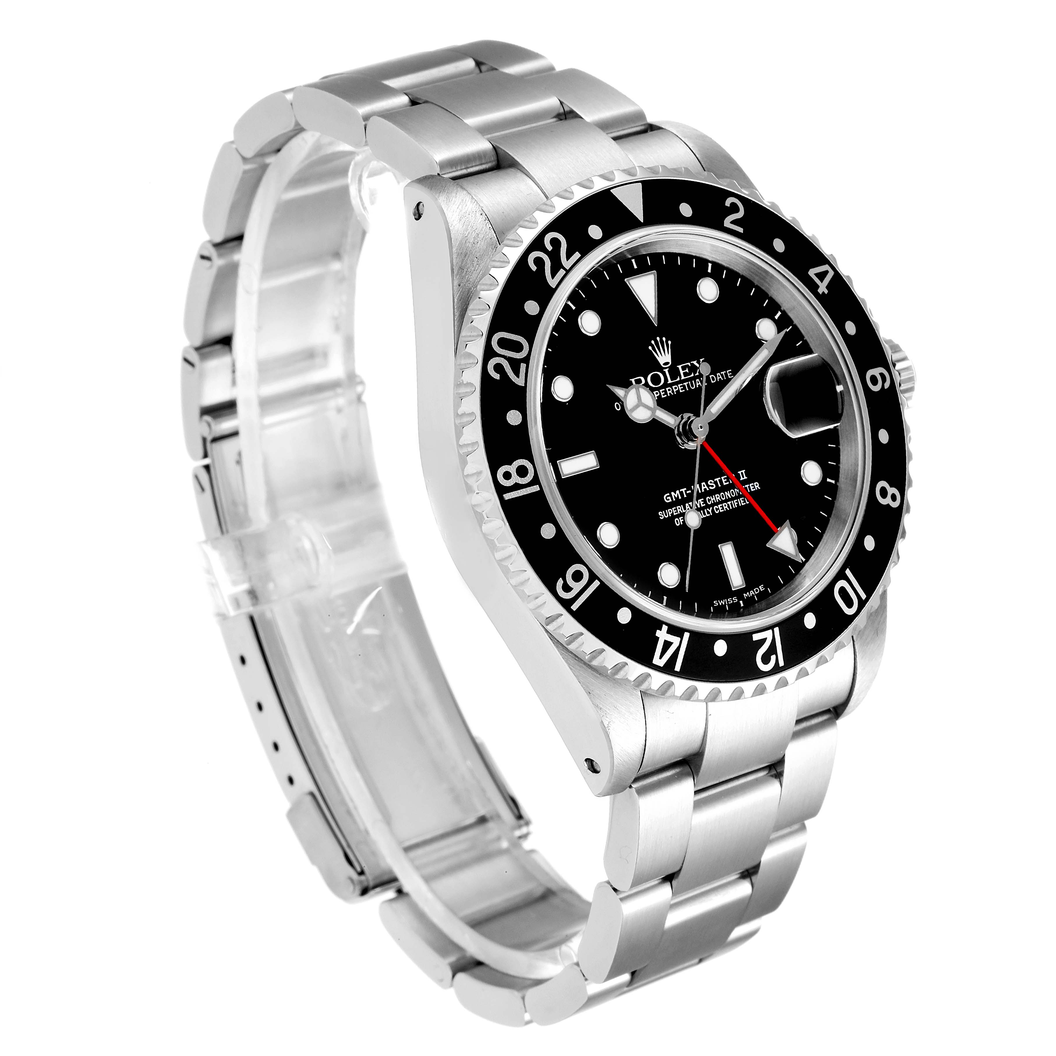 The image shows a Rolex GMT-Master 16710 Men
s Stainless Steel Black Dial 16710 Men
s Stainless Steel Black Dial watch at a three-quarter angle, highlighting the face, bezel, and bracelet.