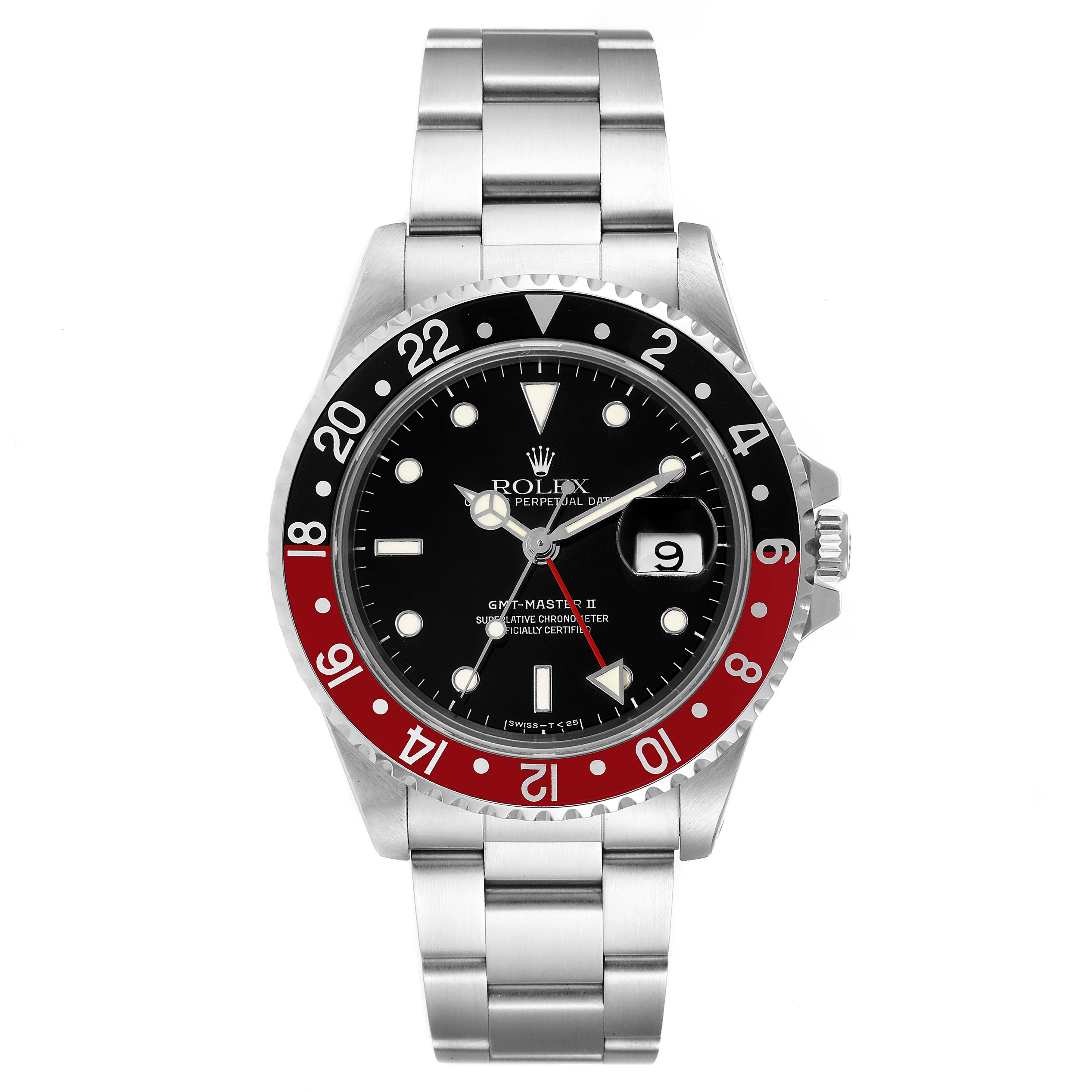 The image shows a front view of a Rolex GMT-Master 16710 Men
s Stainless Steel Black Dial 16710 Men
s Stainless Steel Black Dial II watch with a black and red bezel and stainless steel bracelet.