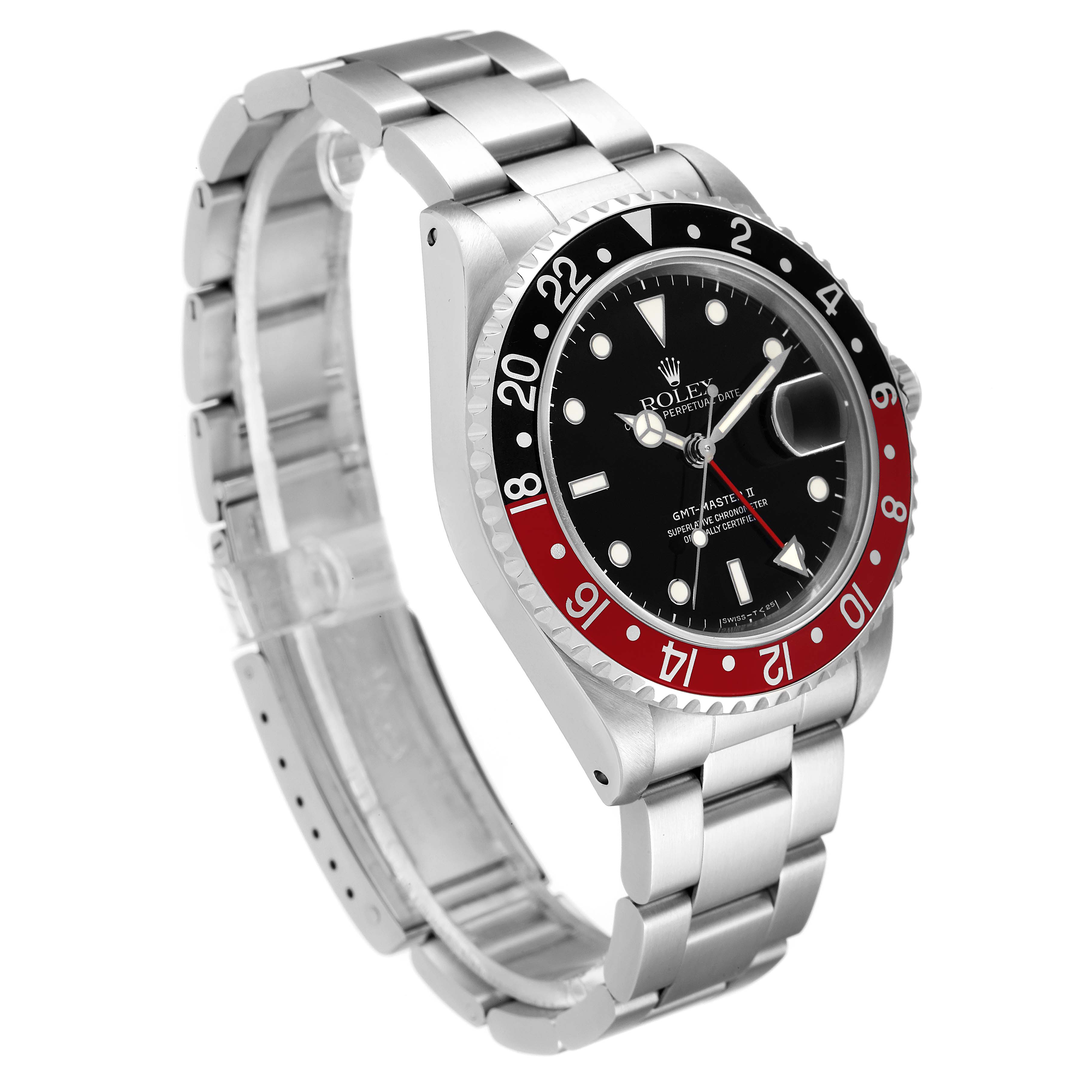 The Rolex GMT-Master 16710 Men
s Stainless Steel Black Dial 16710 Men
s Stainless Steel Black Dial watch is shown at a three-quarter angle, highlighting the bezel, dial, and part of the bracelet.