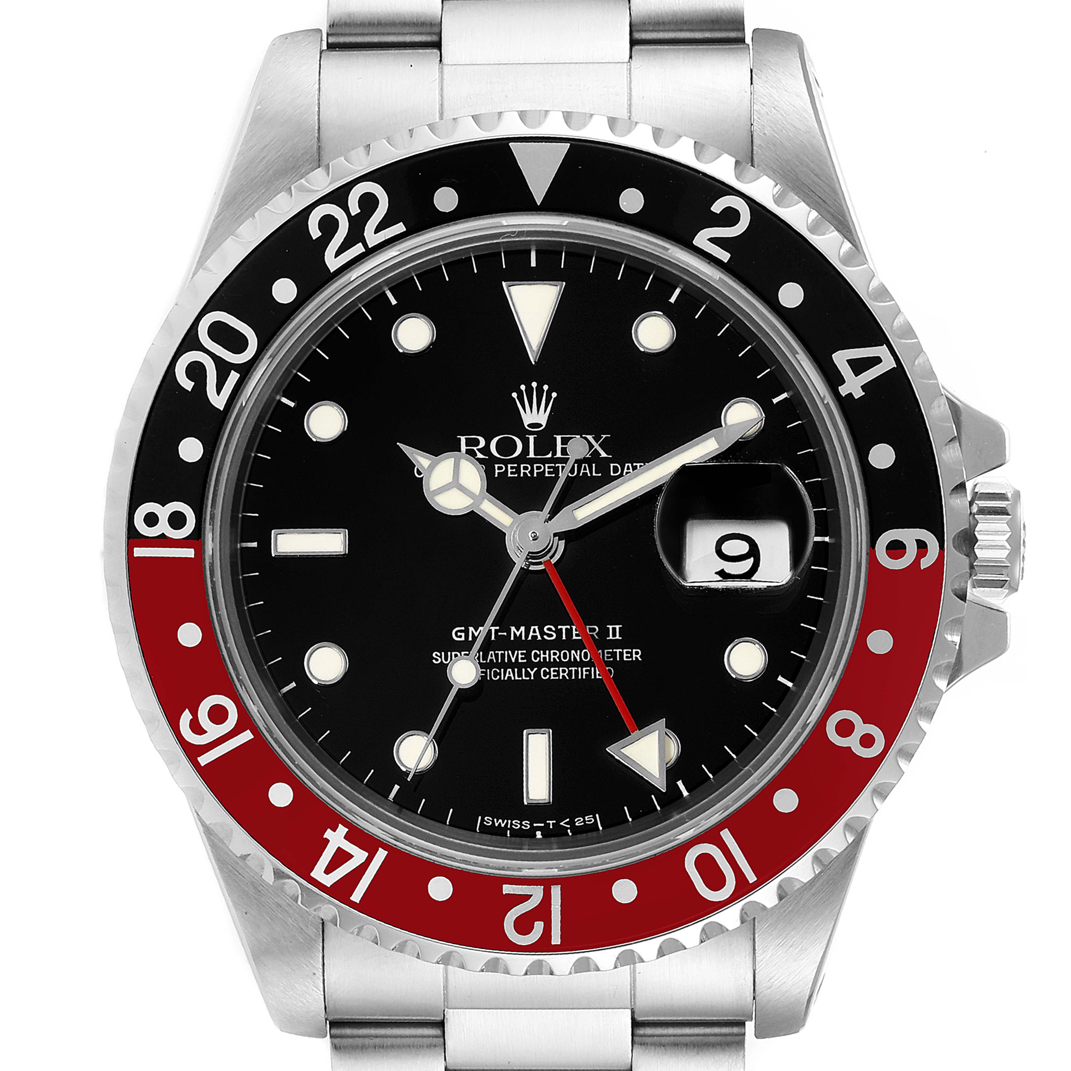 This Rolex GMT-Master 16710 Men
s Stainless Steel Black Dial 16710 Men
s Stainless Steel Black Dial watch is shown from the front, displaying the dial, bezel, hands, and part of the bracelet.