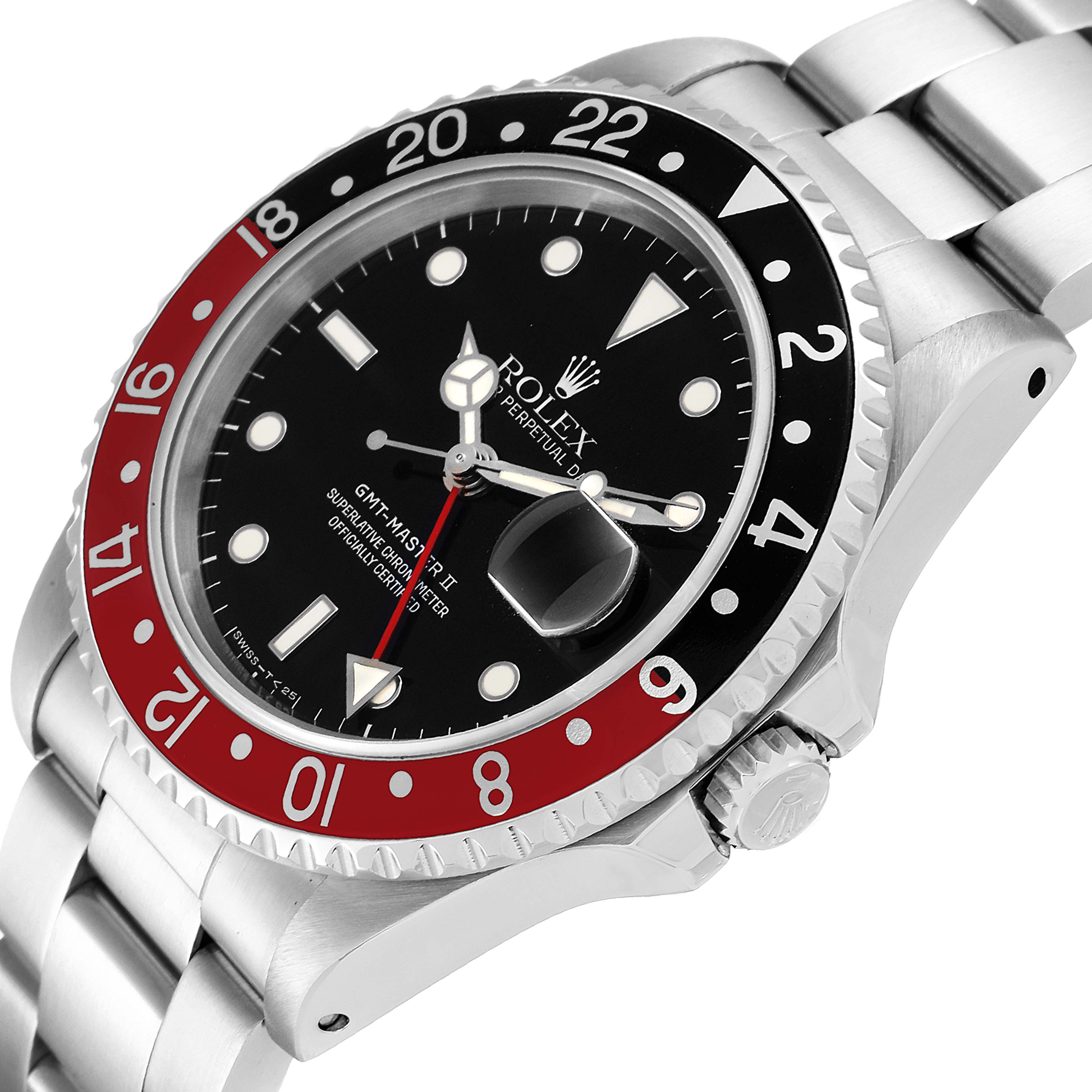 The image shows a close-up angle of a Rolex GMT-Master 16710 Men
s Stainless Steel Black Dial 16710 Men
s Stainless Steel Black Dial watch, highlighting the bezel, dial, and part of the bracelet.