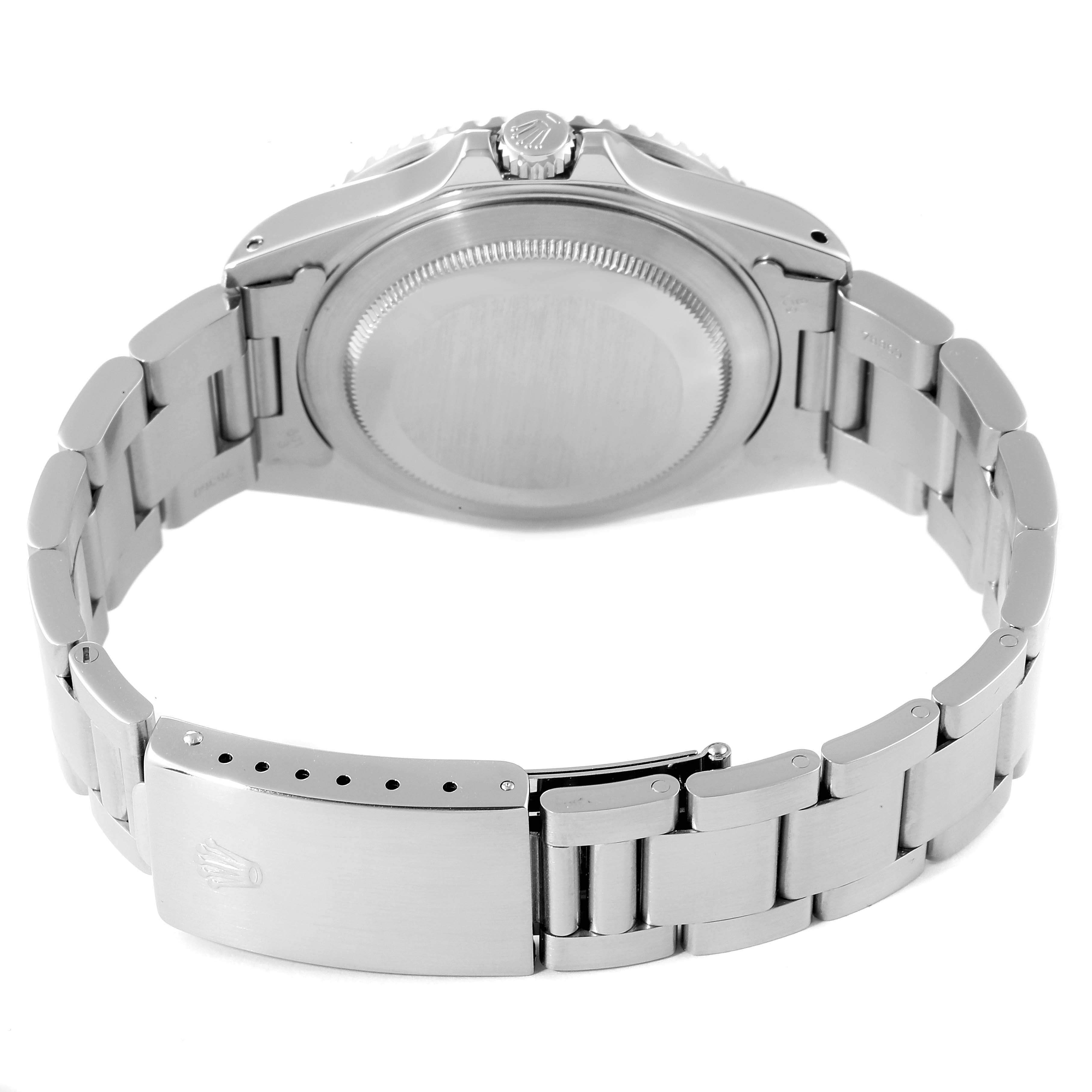 This image shows the backside and bracelet of a Rolex GMT-Master 16710 Men
s Stainless Steel Black Dial 16710 Men
s Stainless Steel Black Dial watch, highlighting the clasp and case back.