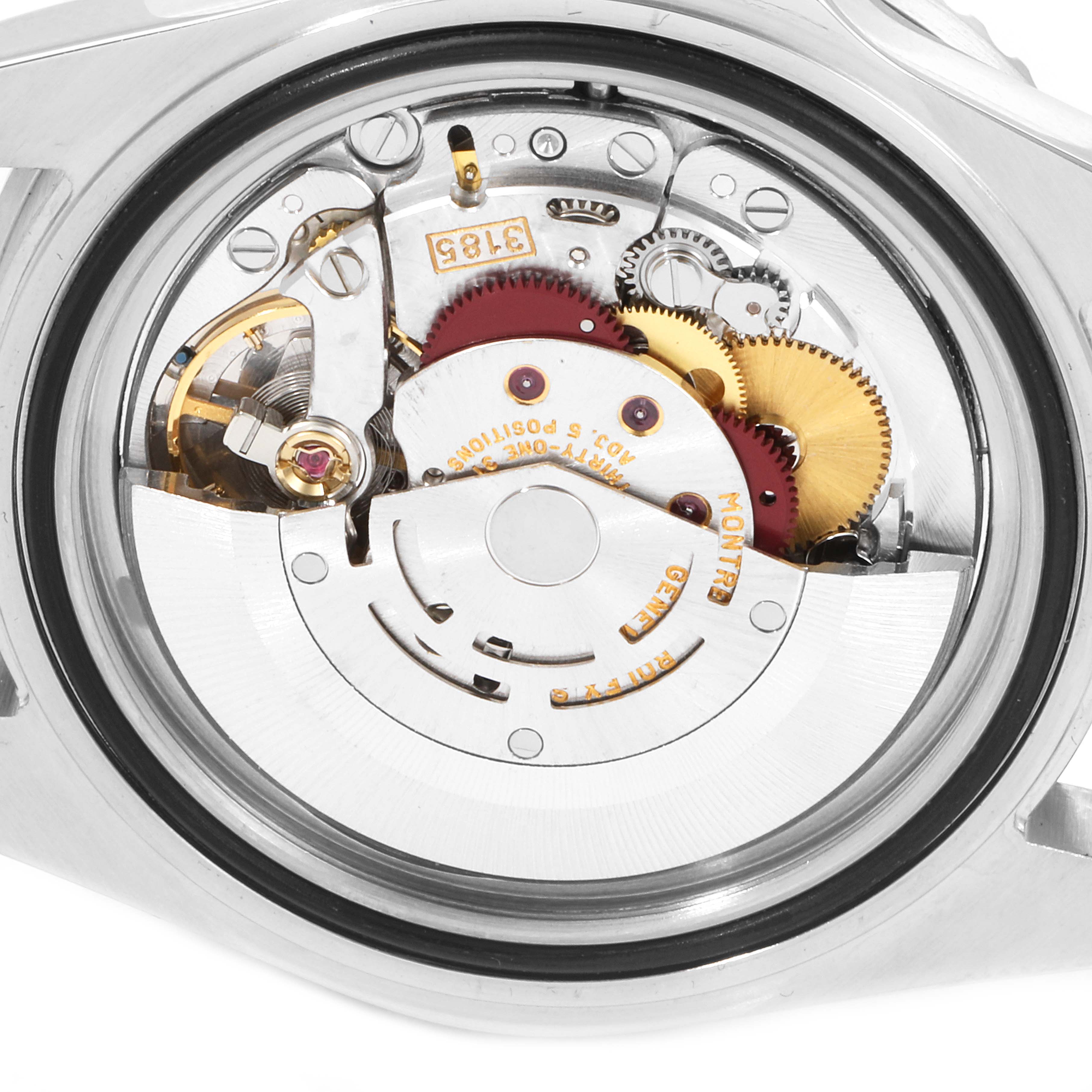 This is an inside view of a Rolex GMT-Master 16710 Men
s Stainless Steel Black Dial 16710 Men
s Stainless Steel Black Dial watch, showing its intricate gears and movement components.