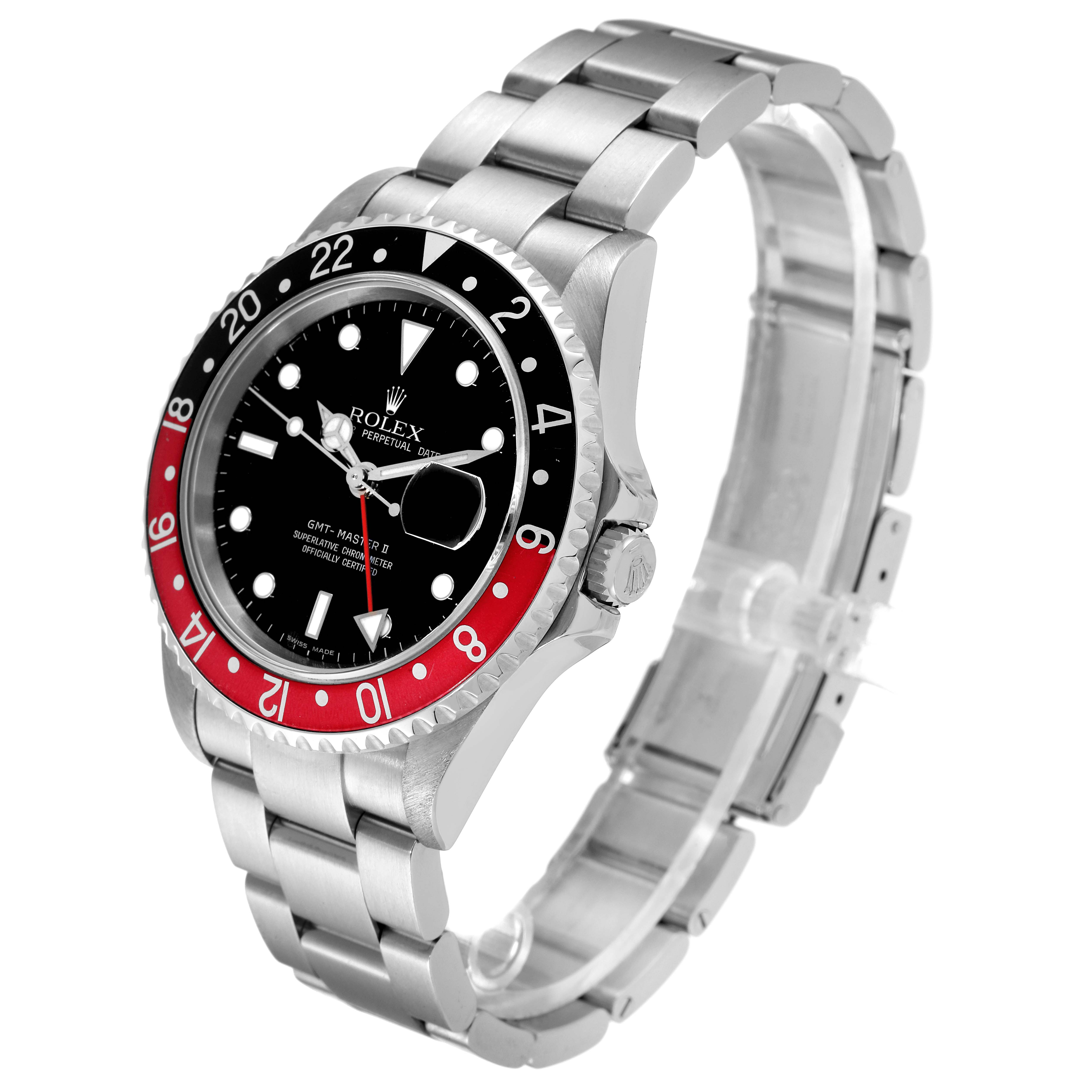 The Rolex GMT-Master 16710 Men
s Stainless Steel Black Dial 16710 Men
s Stainless Steel Black Dial watch is shown at a three-quarter angle, featuring its bezel, dial, case, crown, and bracelet.