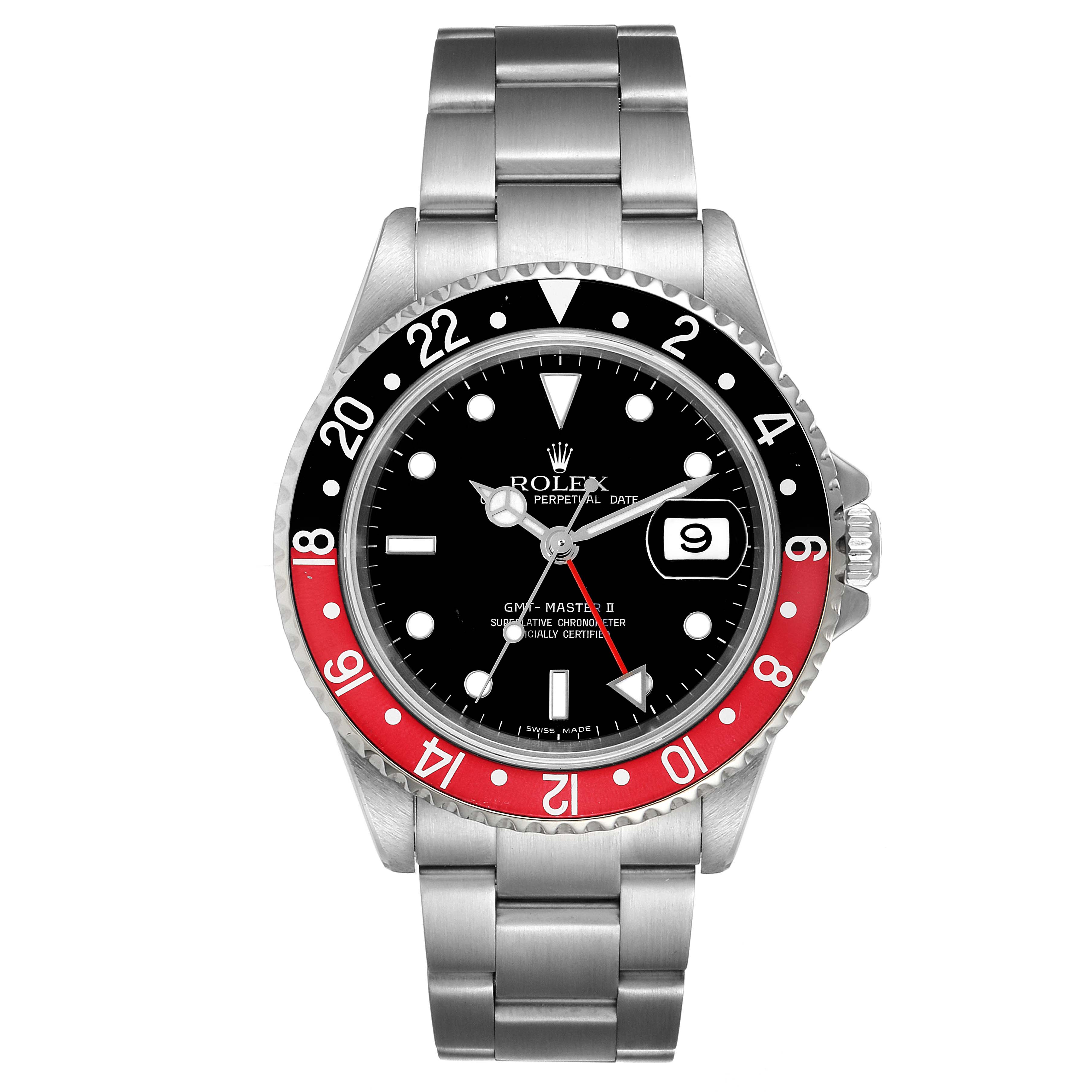 This image shows a front view of the Rolex GMT-Master 16710 Men
s Stainless Steel Black Dial 16710 Men
s Stainless Steel Black Dial II watch, highlighting the face, bezel, and bracelet.