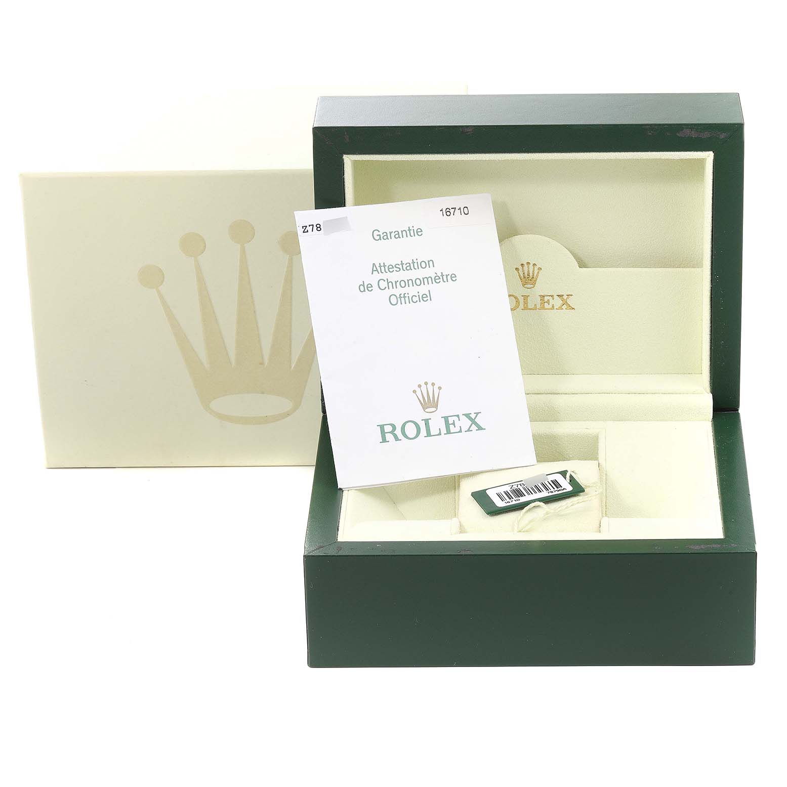 The image shows an open Rolex box for the GMT-Master model, with a warranty card and certification inside.