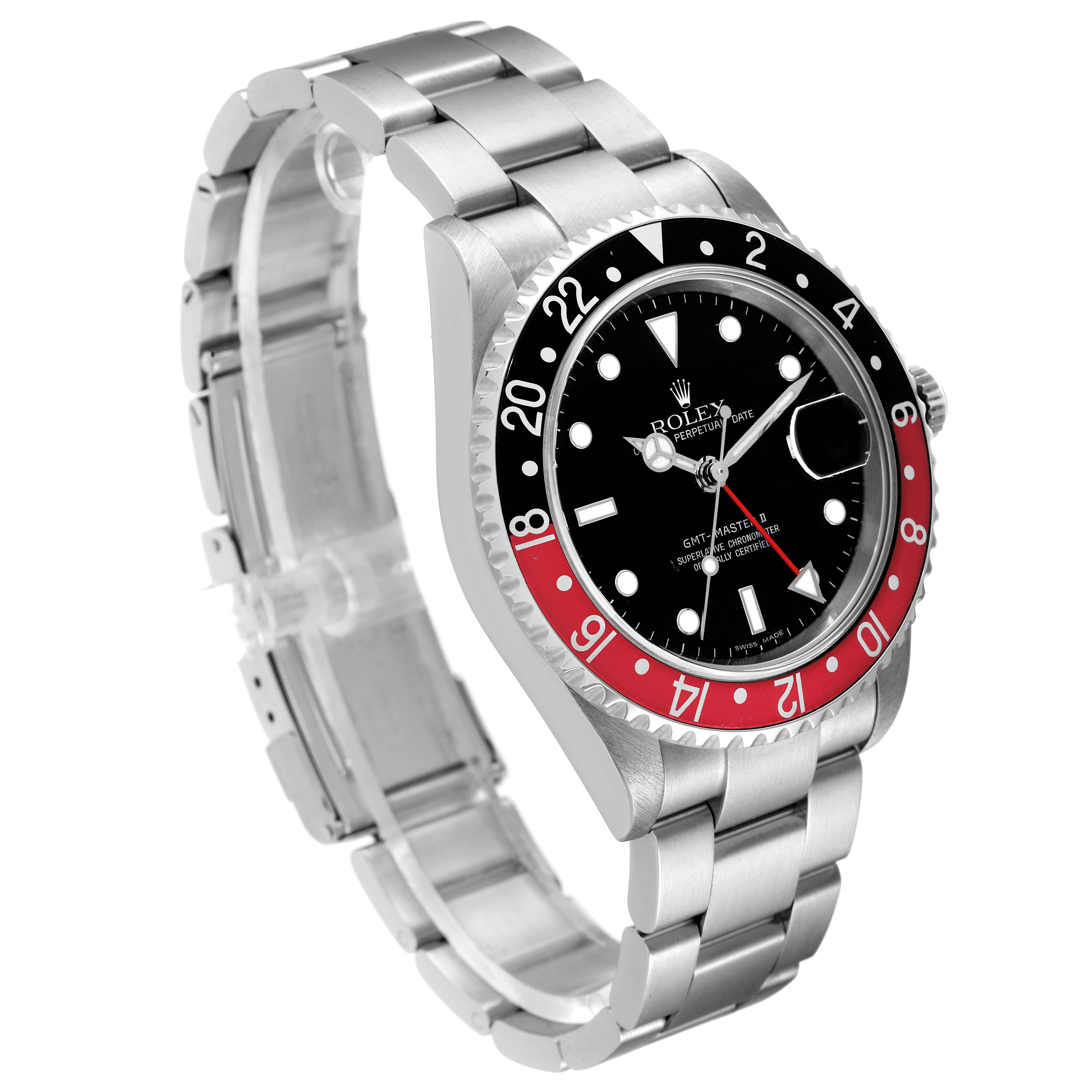 The Rolex GMT-Master 16710 Men
s Stainless Steel Black Dial 16710 Men
s Stainless Steel Black Dial watch is shown from a 3/4 angle, highlighting the dial, bezel, case, and bracelet.