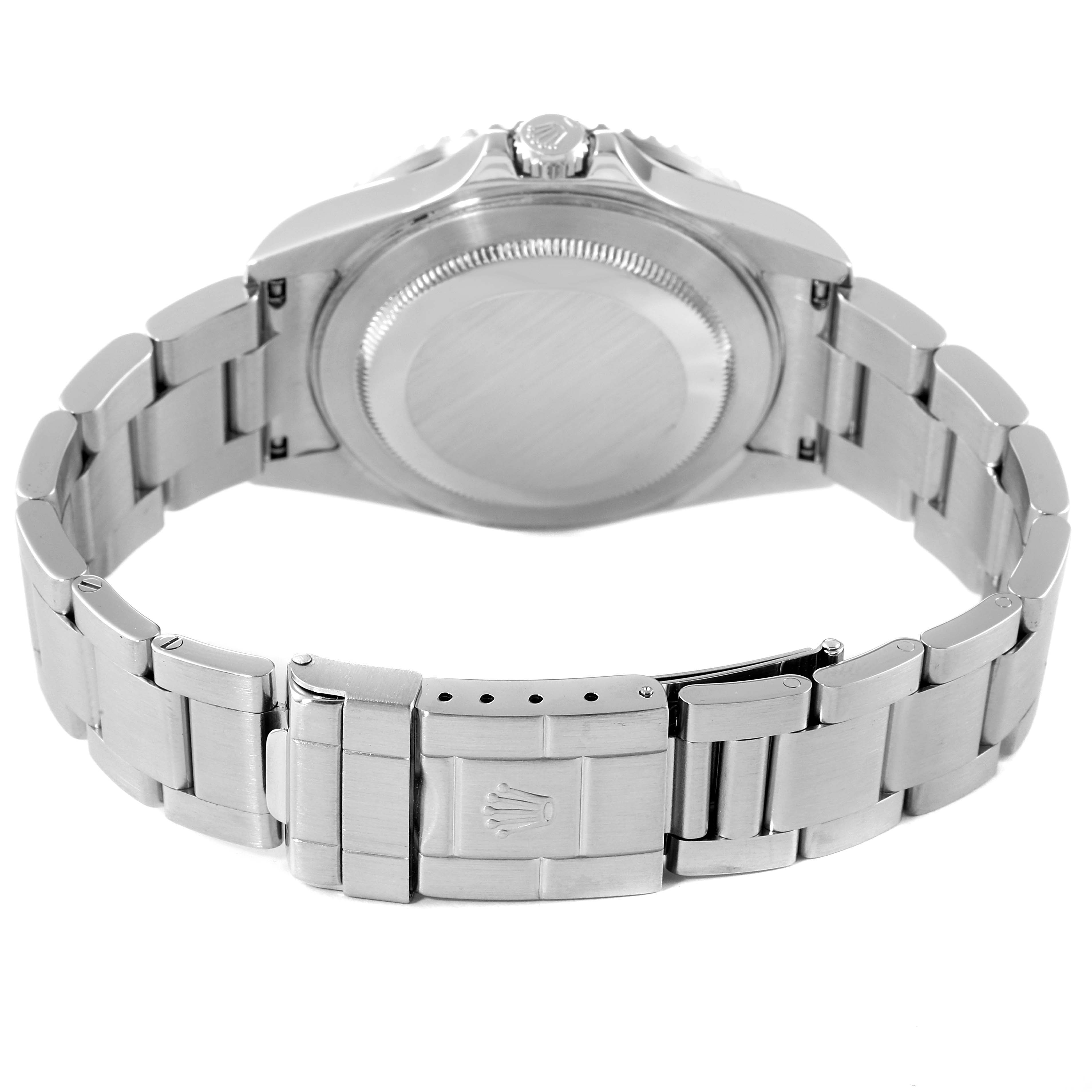 The image shows the back view of a Rolex GMT-Master 16710 Men
s Stainless Steel Black Dial 16710 Men
s Stainless Steel Black Dial watch, presenting its case back and stainless steel bracelet.