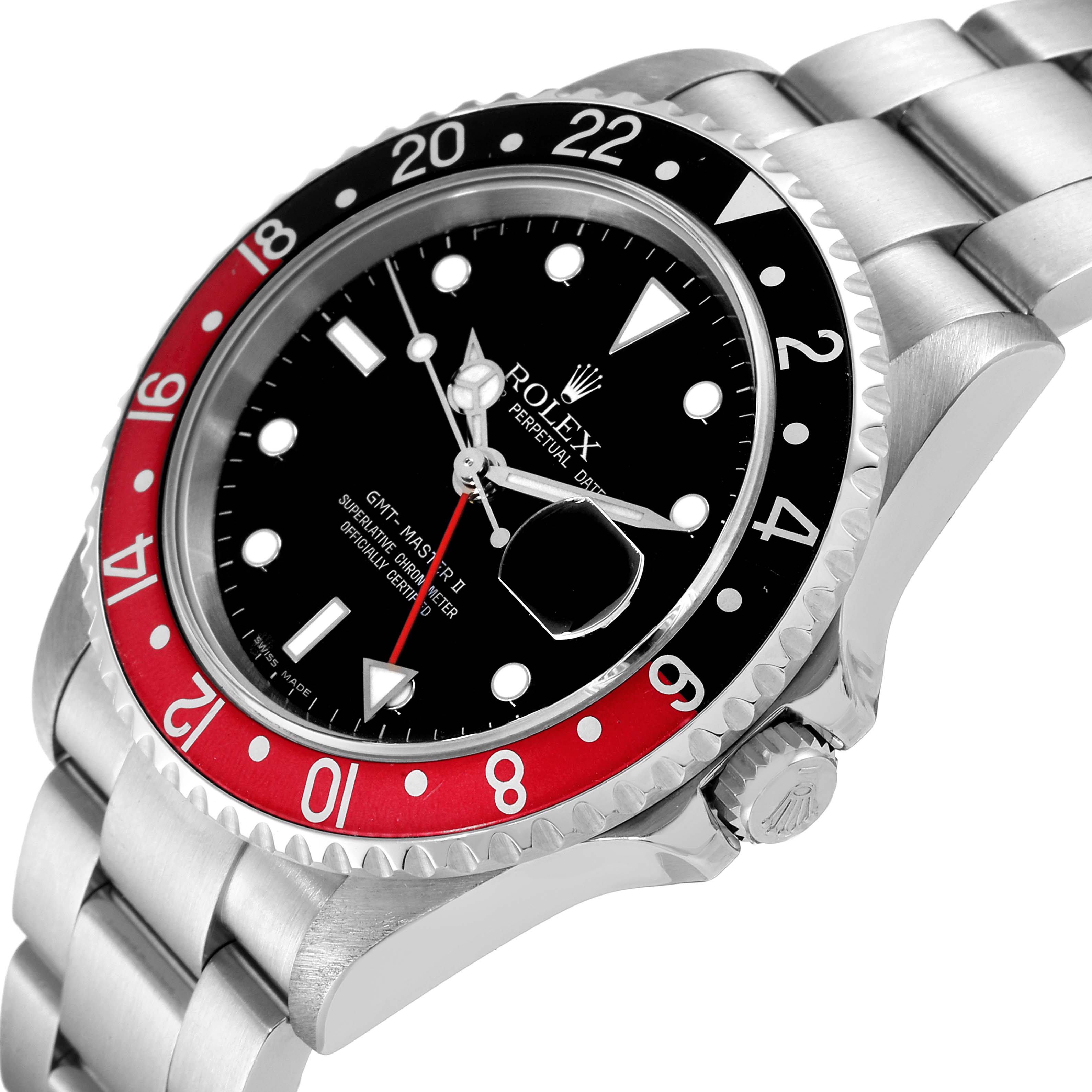 The image shows a close-up angled view of a Rolex GMT-Master 16710 Men
s Stainless Steel Black Dial 16710 Men
s Stainless Steel Black Dial II watch, highlighting the dial, bezel, and part of the bracelet.