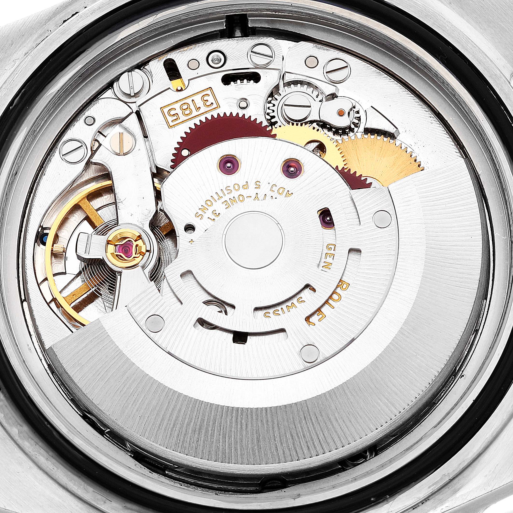 This image shows the detailed mechanics and movement from the back of a Rolex GMT-Master 16710 Men
s Stainless Steel Black Dial 16710 Men
s Stainless Steel Black Dial watch.