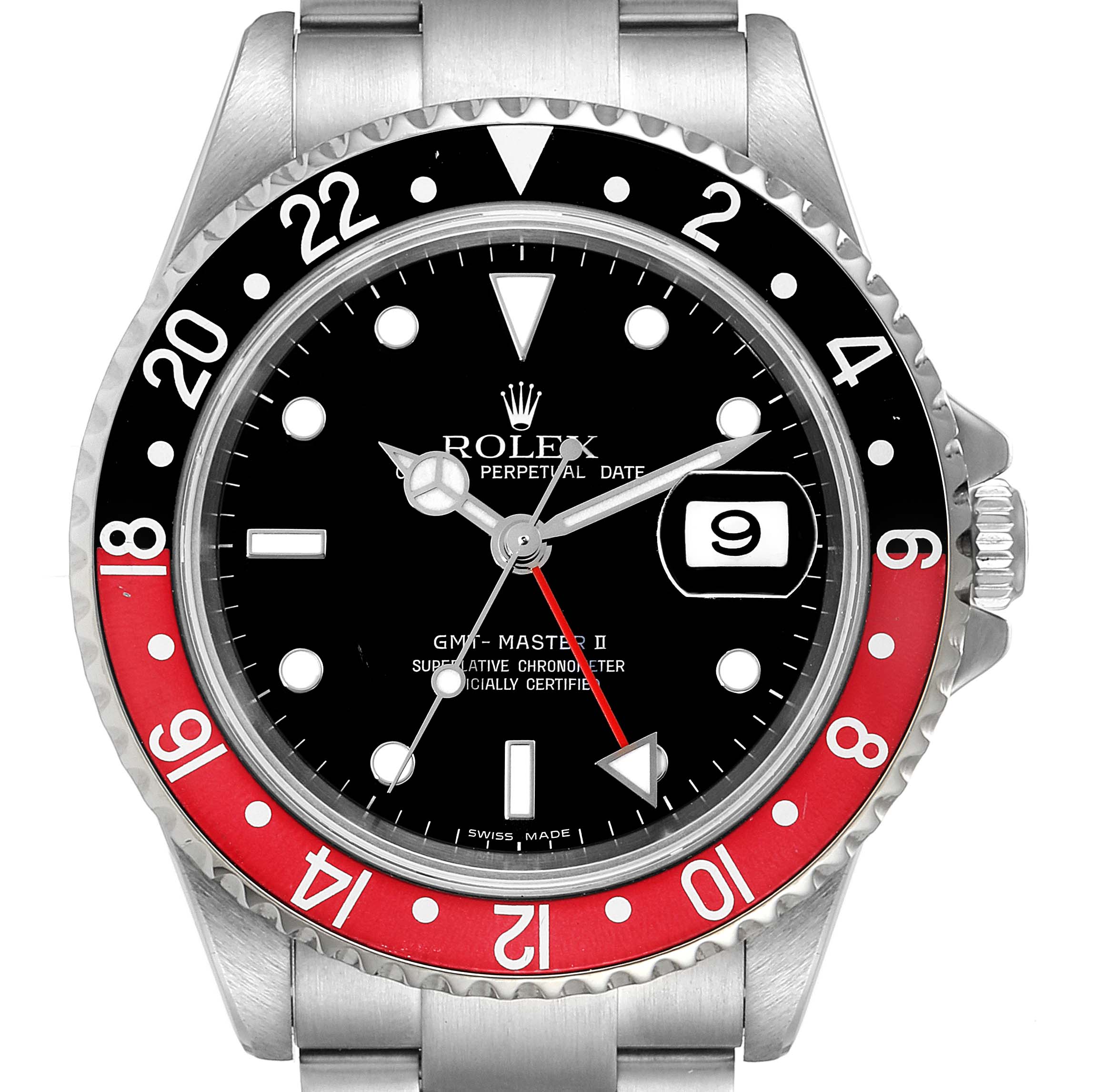 The image shows a front view of a Rolex GMT-Master 16710 Men
s Stainless Steel Black Dial 16710 Men
s Stainless Steel Black Dial II watch, highlighting its bezel, dial, and date display.