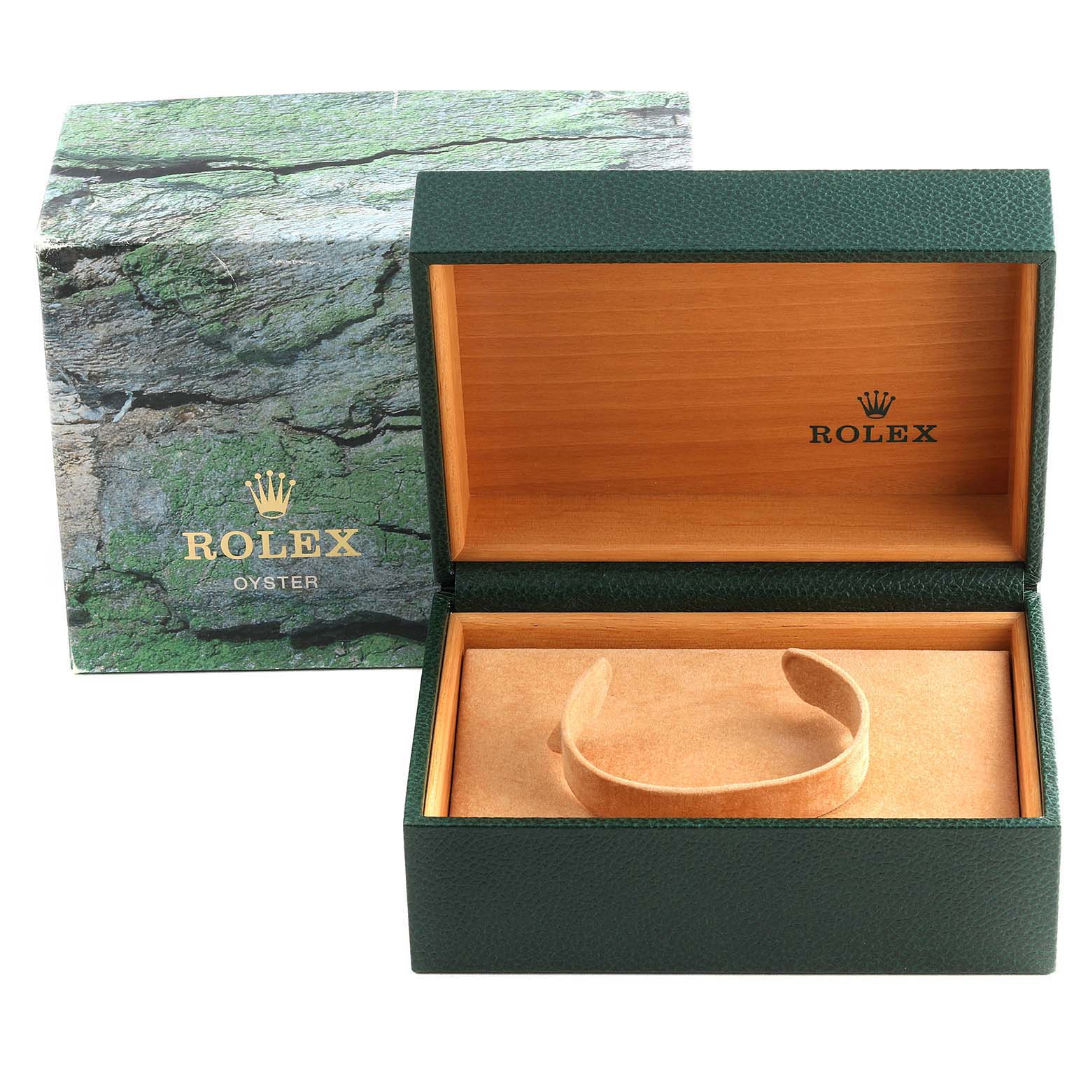 This image shows an open Rolex GMT-Master 16710 Men's Stainless Steel Black Dial 16710 Men's Stainless Steel Black Dial watch box with a green exterior and light brown interior cushion.