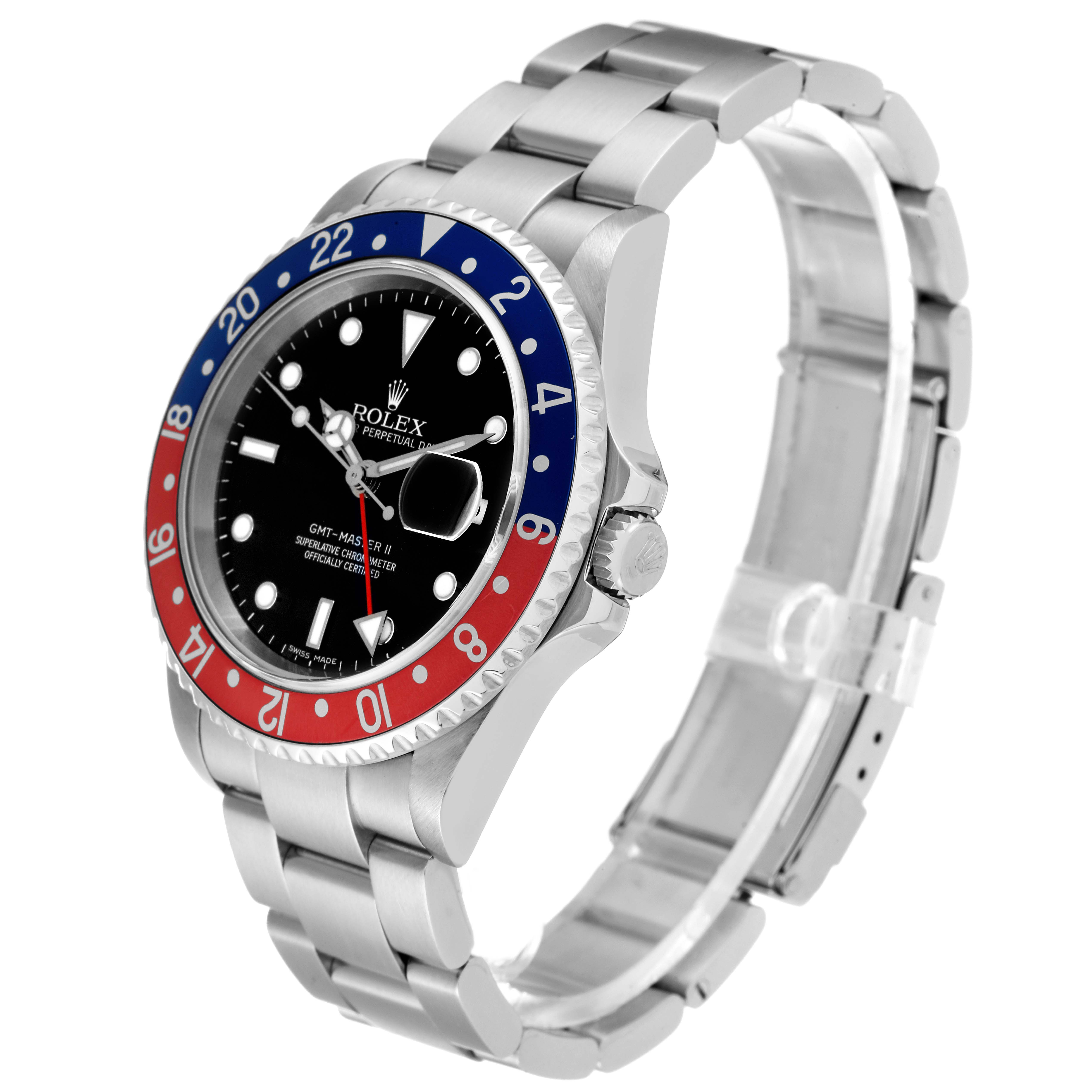This image shows a side view of the Rolex GMT-Master 16710 Men's Stainless Steel Black Dial 16710 Men's Stainless Steel Black Dial watch, highlighting the bezel, dial, and bracelet.