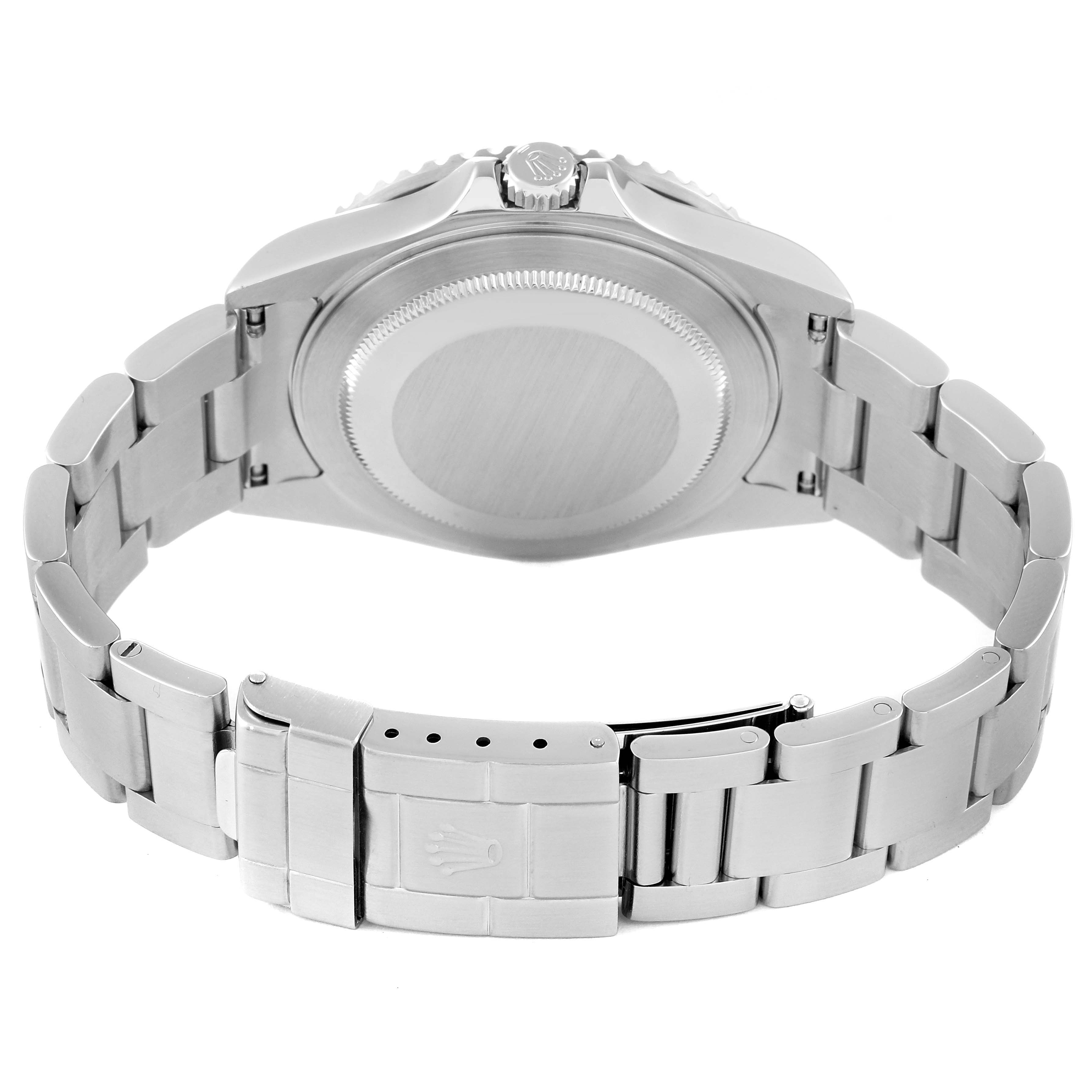 This image shows the back of a Rolex GMT-Master 16710 Men's Stainless Steel Black Dial 16710 Men's Stainless Steel Black Dial watch, highlighting the case back and bracelet with the clasp visible.