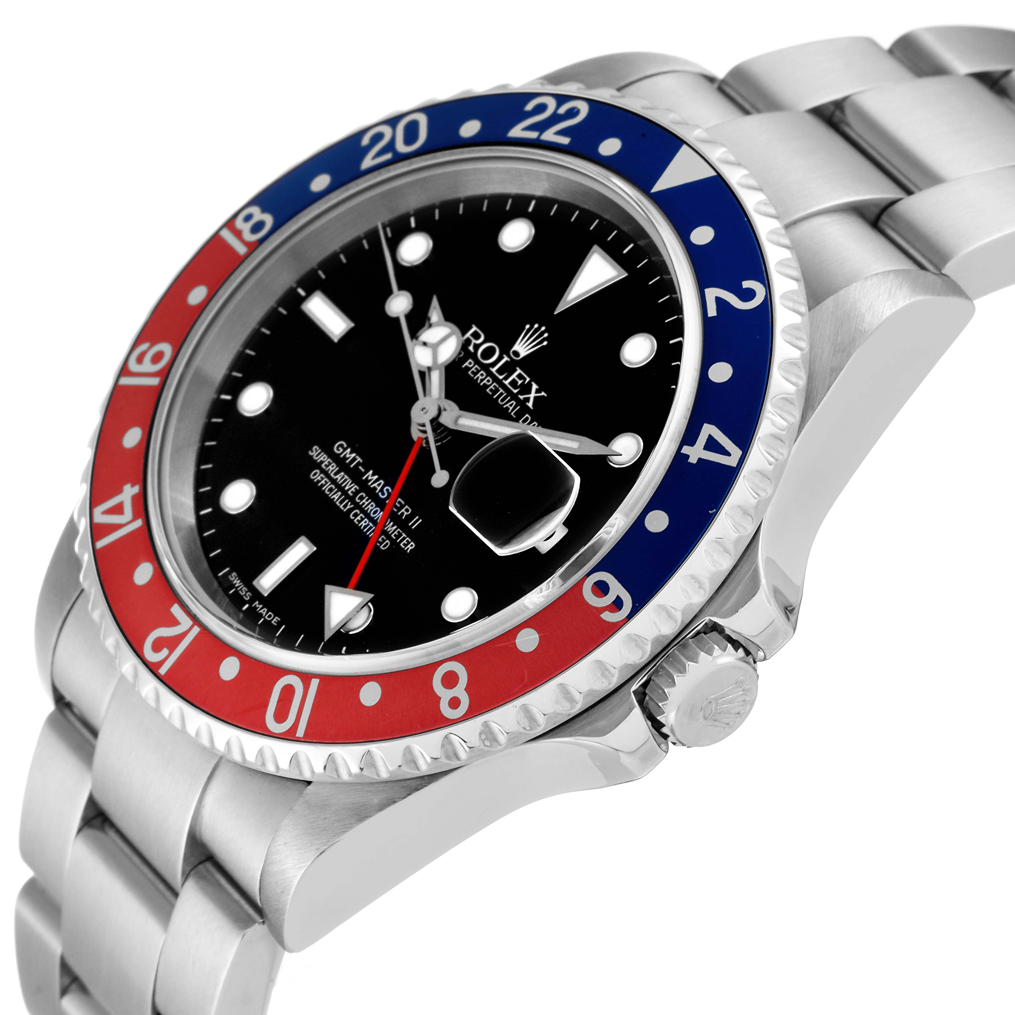 The image shows a close-up of the Rolex GMT-Master 16710 Men's Stainless Steel Black Dial 16710 Men's Stainless Steel Black Dial II watch at an angle, highlighting the bezel, dial, and part of the bracelet.