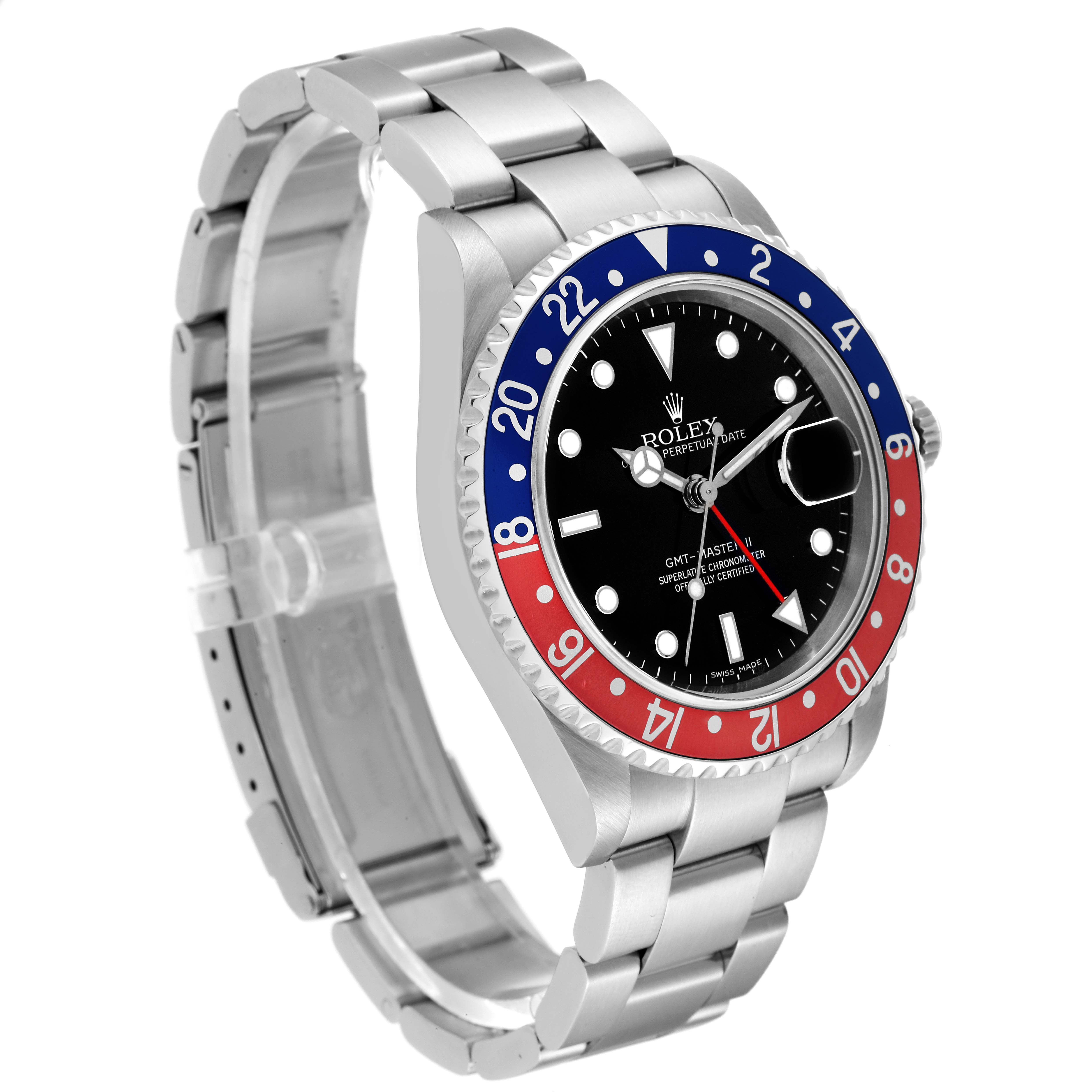 The Rolex GMT-Master 16710 Men's Stainless Steel Black Dial 16710 Men's Stainless Steel Black Dial watch is shown at a slight angle, highlighting its bezel, dial, and bracelet.