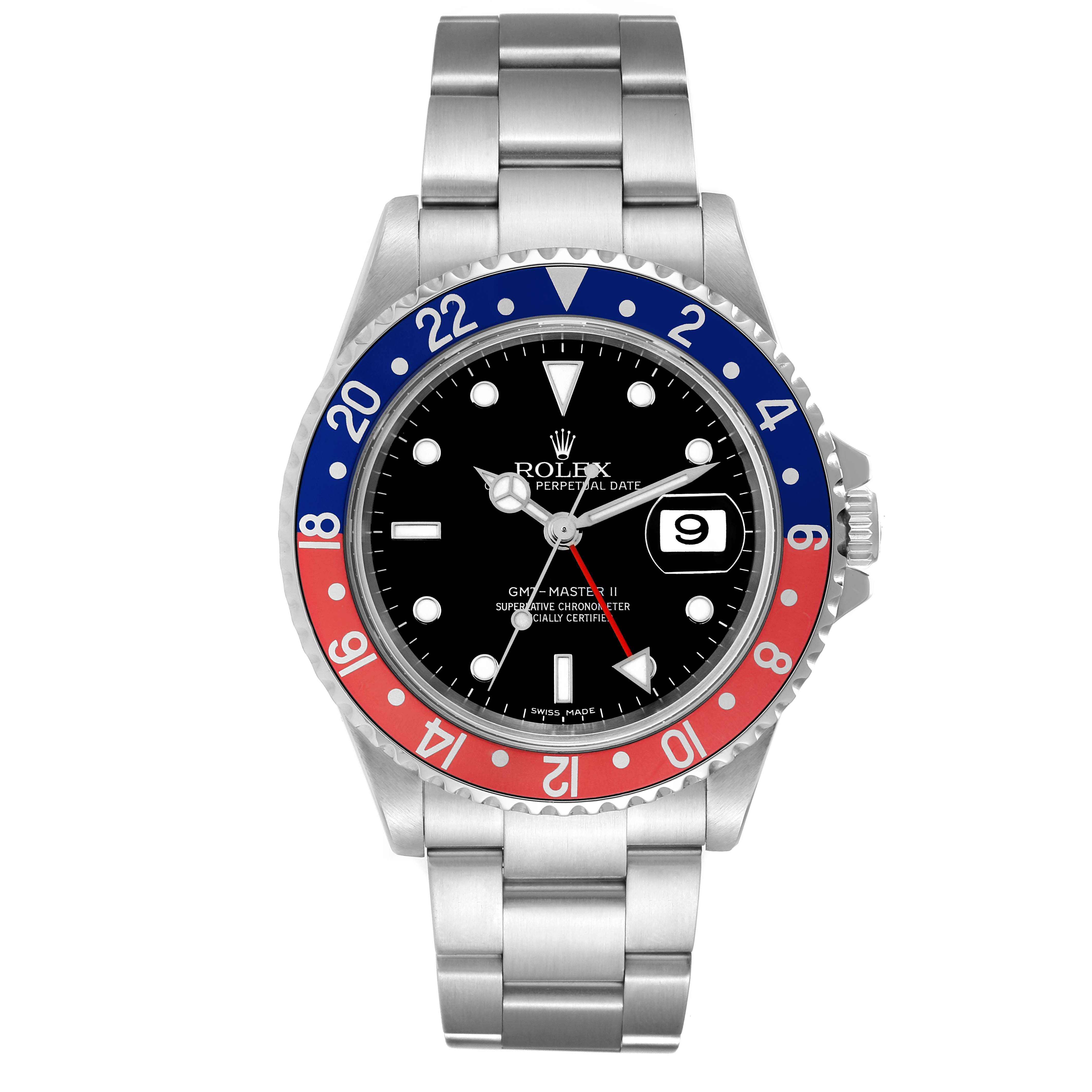 The image shows a front view of a Rolex GMT-Master 16710 Men's Stainless Steel Black Dial 16710 Men's Stainless Steel Black Dial watch, displaying its dial, bezel, and bracelet.