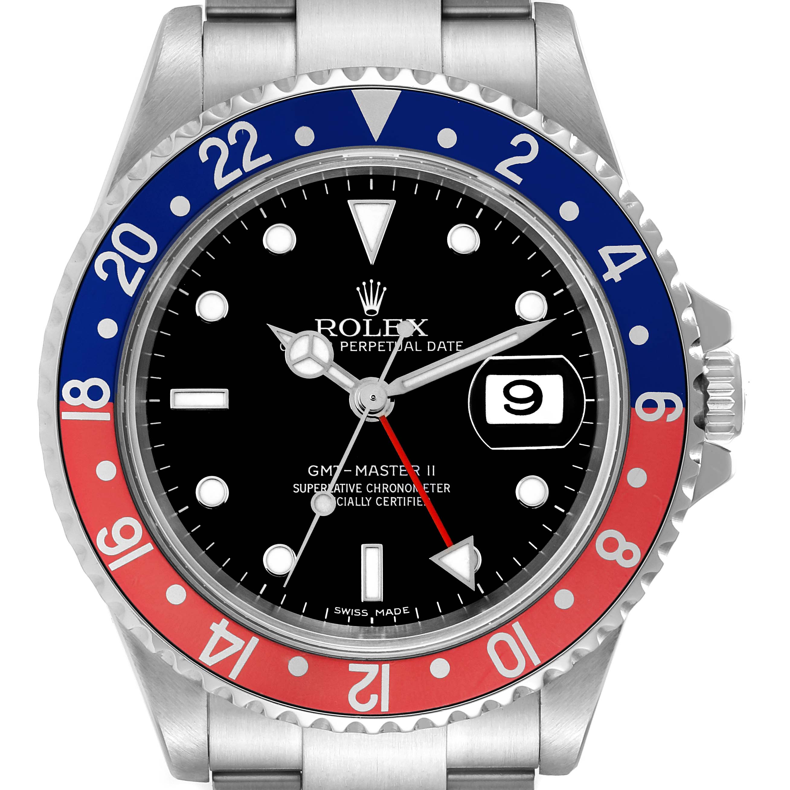 The Rolex GMT-Master 16710 Men's Stainless Steel Black Dial 16710 Men's Stainless Steel Black Dial II watch is shown from a front angle, highlighting its bezel, dial, and date display.