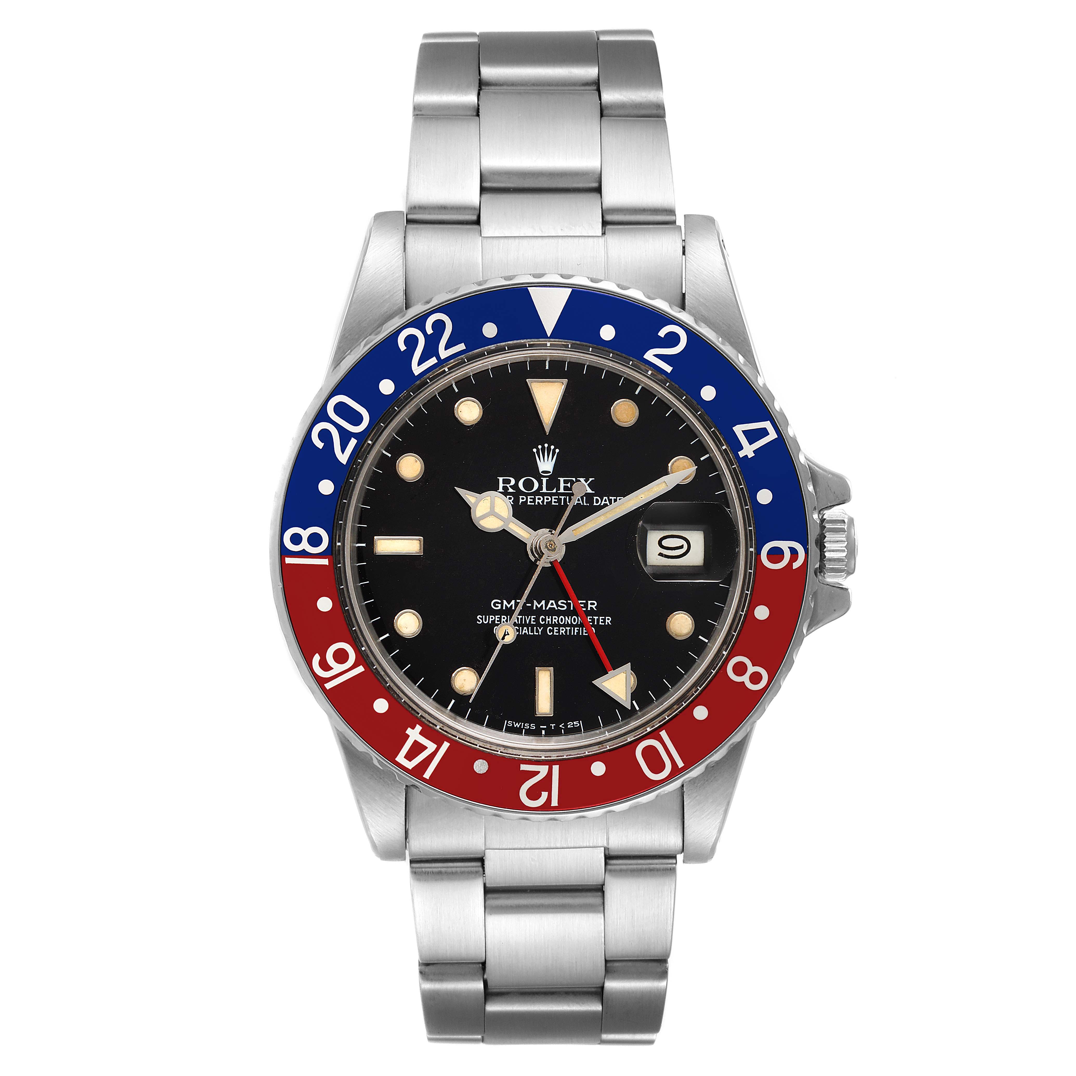 The image shows a front view of a Rolex Vintage Collection 16750 Men's Stainless Steel Black Dial 16750 Men's Stainless Steel Black Dial GMT-Master, displaying its watch face, bezel, and metal bracelet.