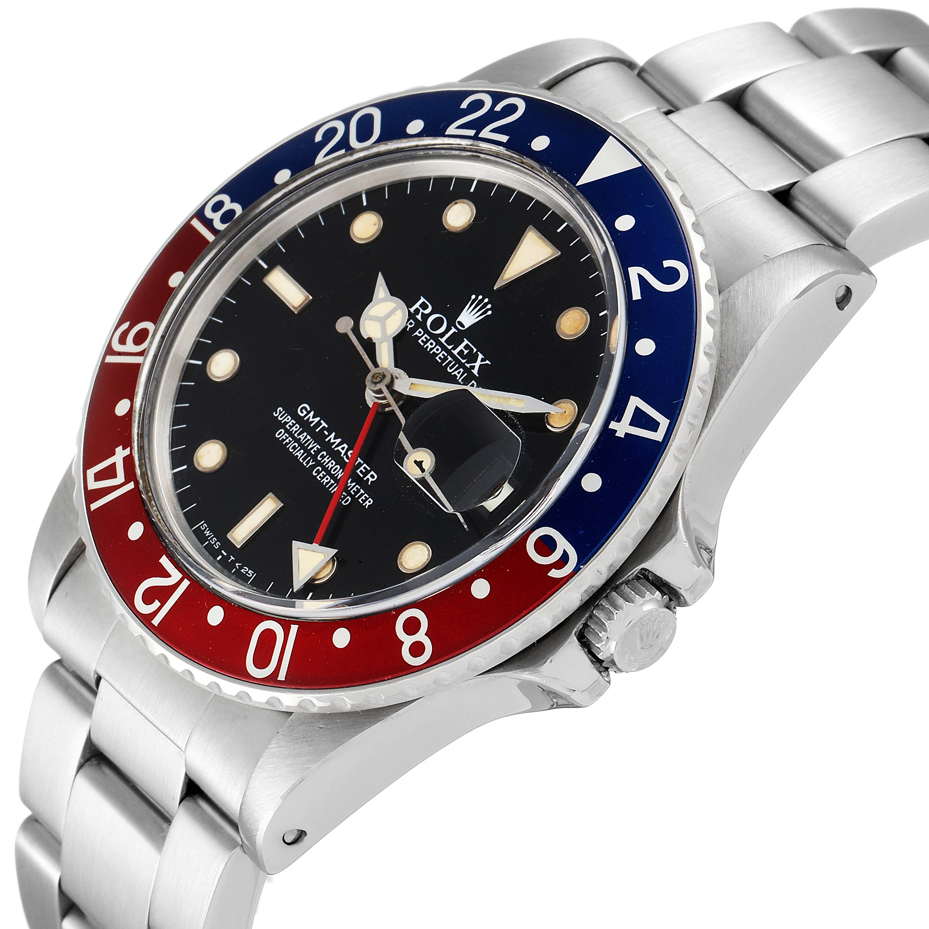 The Rolex Vintage Collection 16750 Men's Stainless Steel Black Dial 16750 Men's Stainless Steel Black Dial GMT-Master watch is shown at a slight angle, highlighting the bezel, dial, and part of the bracelet.