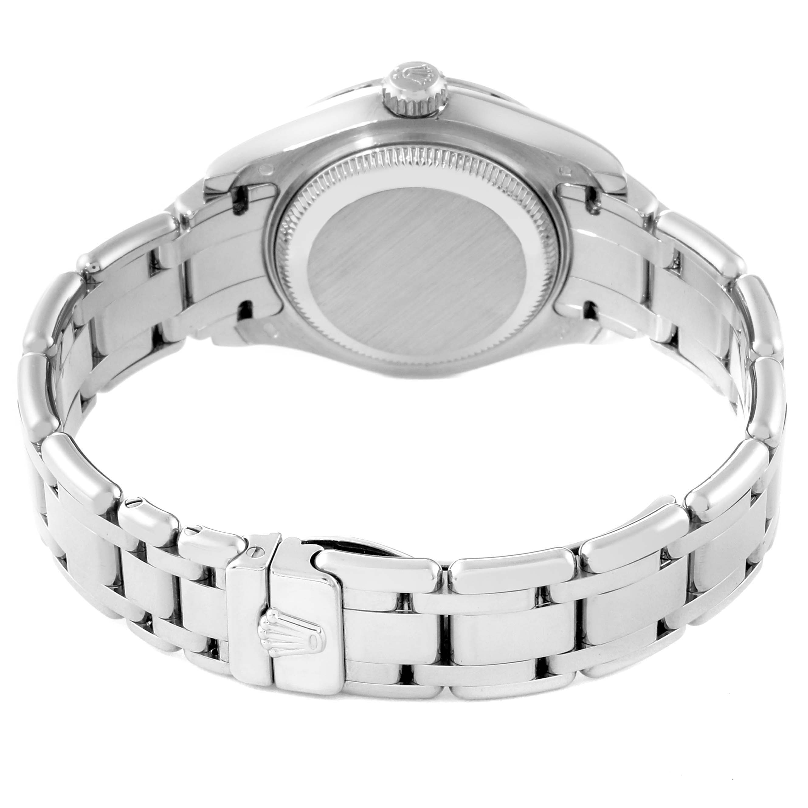 The image shows the back and bracelet of the Rolex Pearlmaster 80319 Women's White Gold Mother of Pearl Dial 80319 Women's White Gold Mother of Pearl Dial watch from a rear angle.