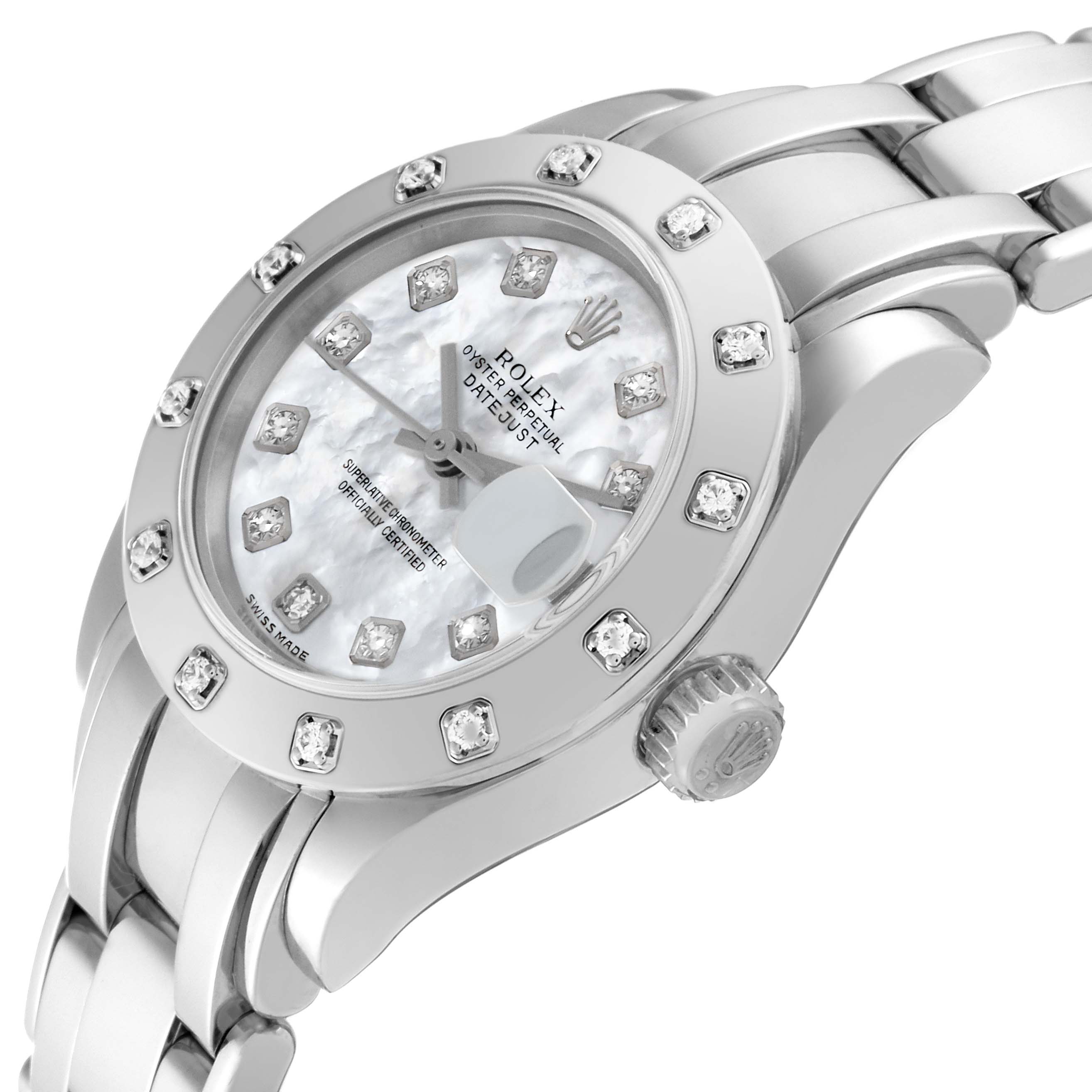The image shows the Rolex Pearlmaster 80319 Women's White Gold Mother of Pearl Dial 80319 Women's White Gold Mother of Pearl Dial watch from a front-side angle, highlighting the face, bezel with diamonds, and part of the bracelet.