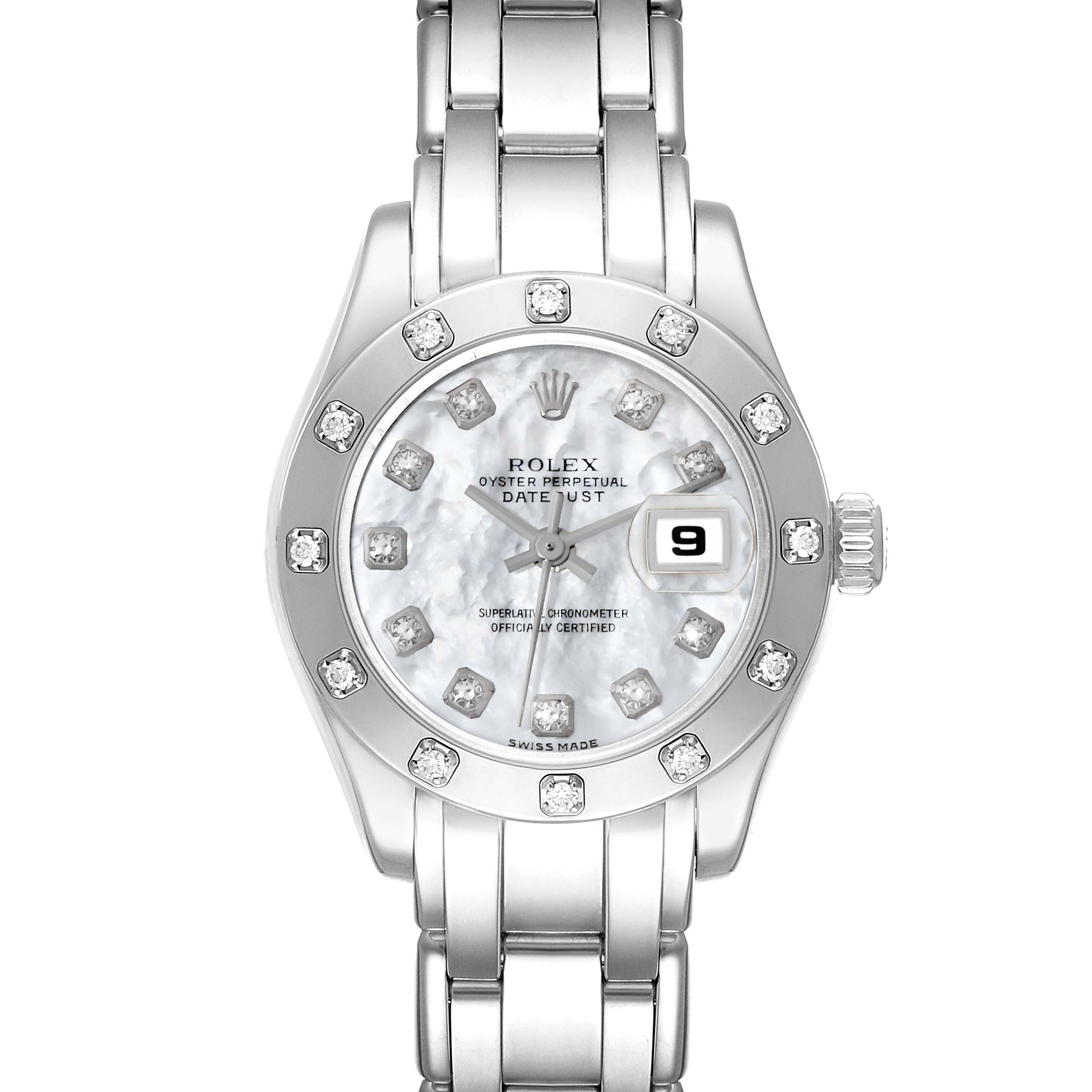 This image shows a front view of a Rolex Pearlmaster 80319 Women's White Gold Mother of Pearl Dial 80319 Women's White Gold Mother of Pearl Dial watch, highlighting the dial, bezel, and bracelet.