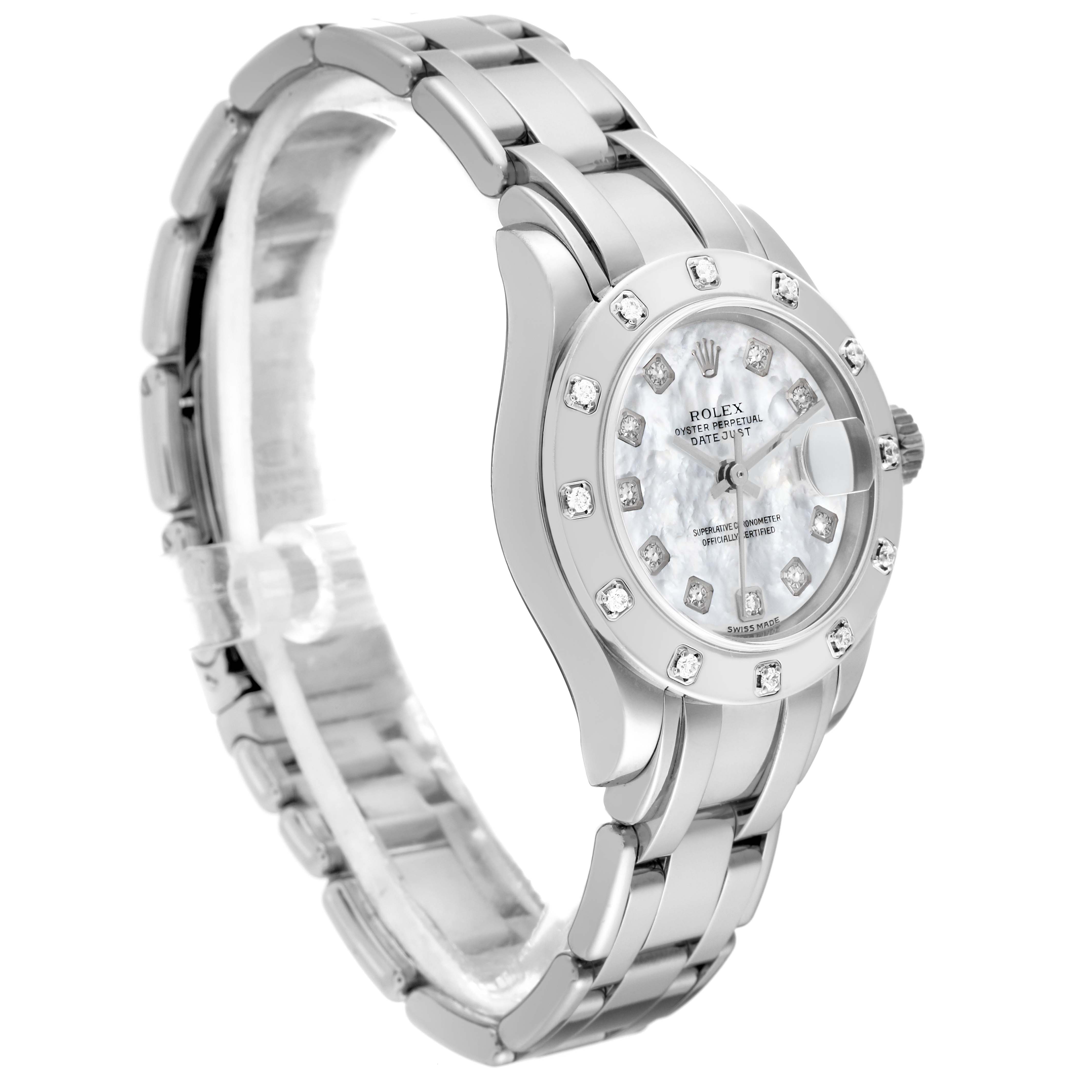 This image shows a side/front angle of the Rolex Pearlmaster 80319 Women's White Gold Mother of Pearl Dial 80319 Women's White Gold Mother of Pearl Dial watch, highlighting the dial, bezel, and bracelet.