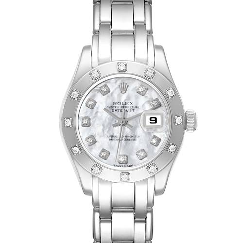 The image shows a frontal view of a Rolex Pearlmaster watch displaying its face, bezel, and bracelet.