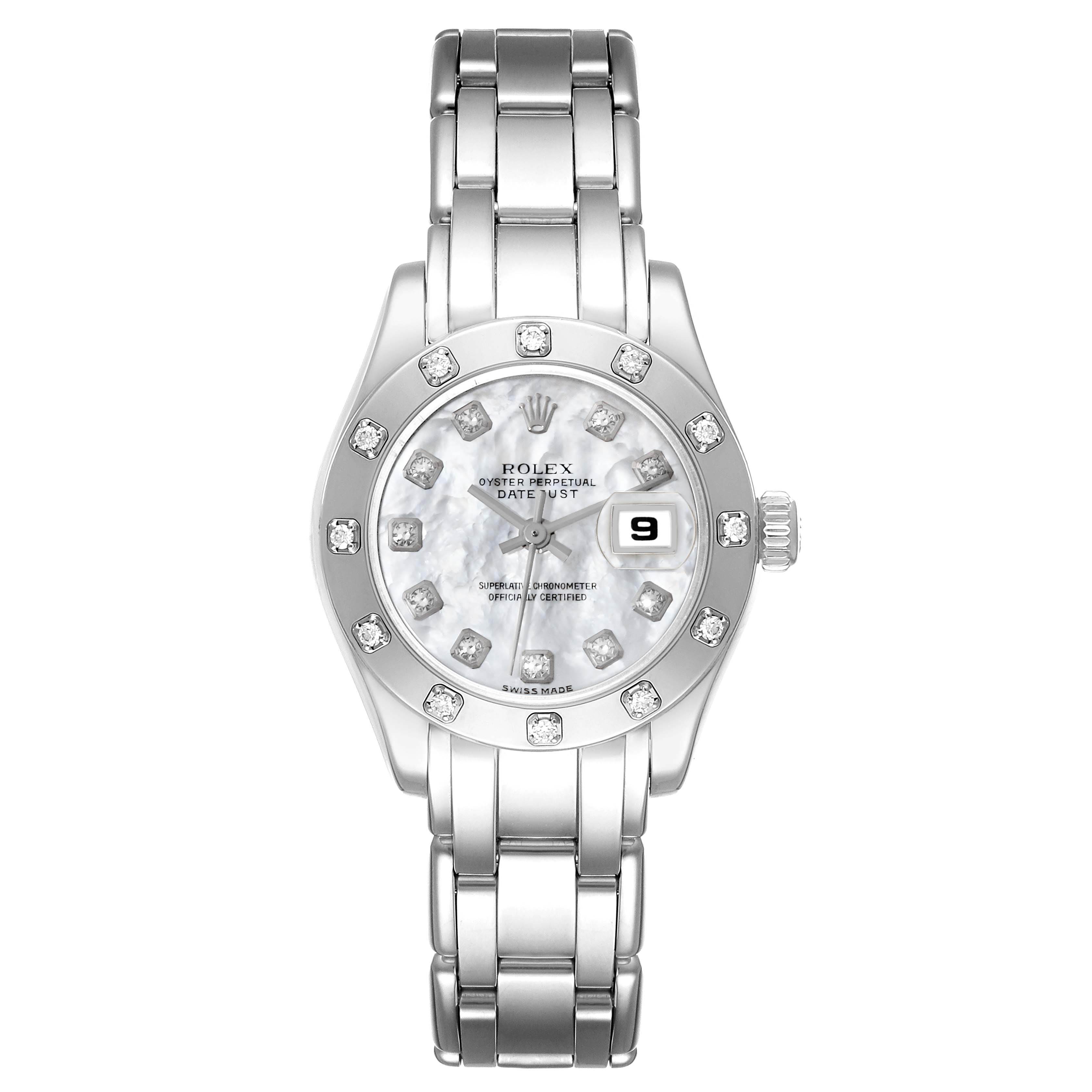 This image shows a Rolex Pearlmaster 80319 Women's White Gold Mother of Pearl Dial 80319 Women's White Gold Mother of Pearl Dial watch from a top-down angle, displaying the face, bezel, and bracelet.
