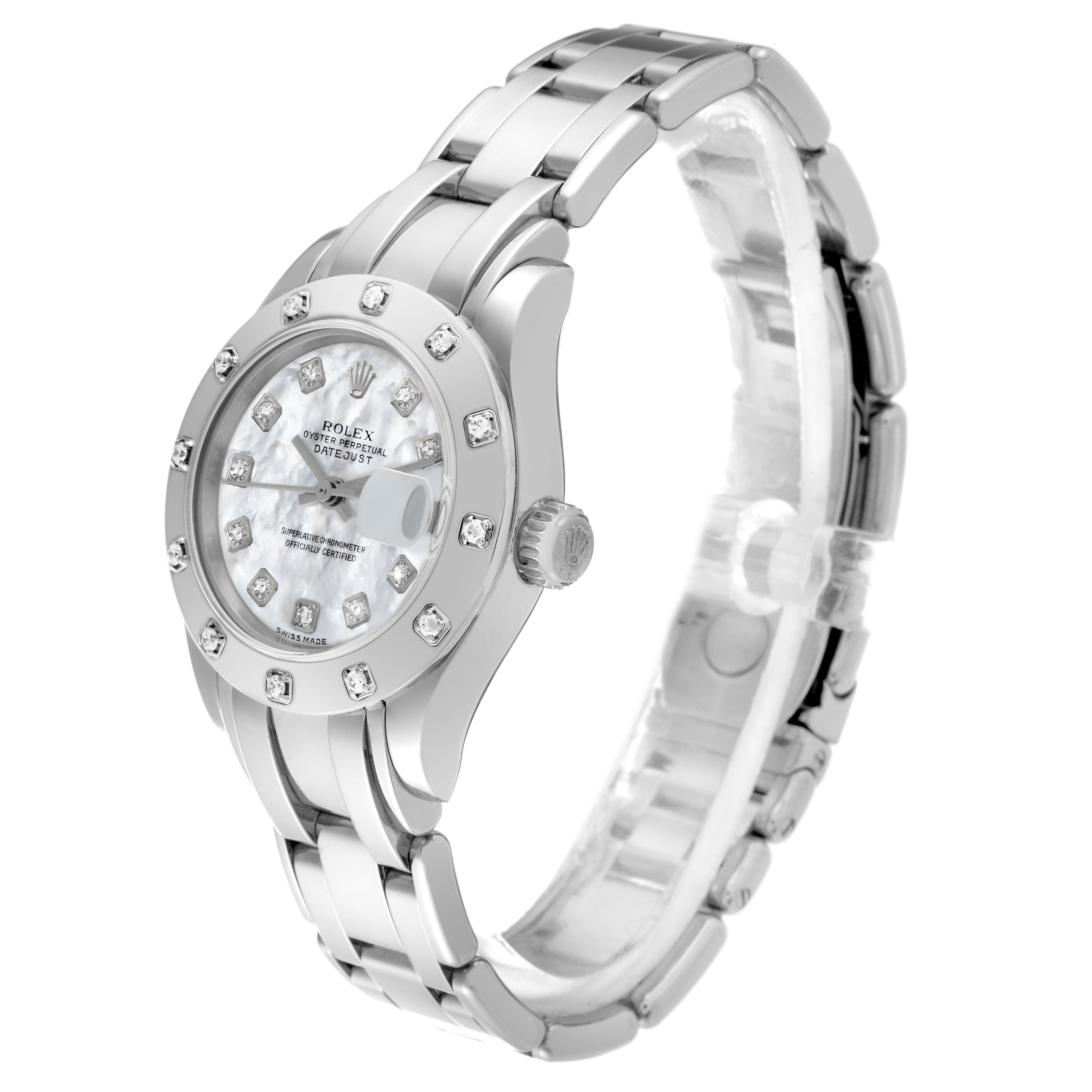 The image shows the Rolex Pearlmaster 80319 Women's White Gold Mother of Pearl Dial 80319 Women's White Gold Mother of Pearl Dial watch model at a three-quarter angle, displaying its bracelet, bezel, dial, and crown.