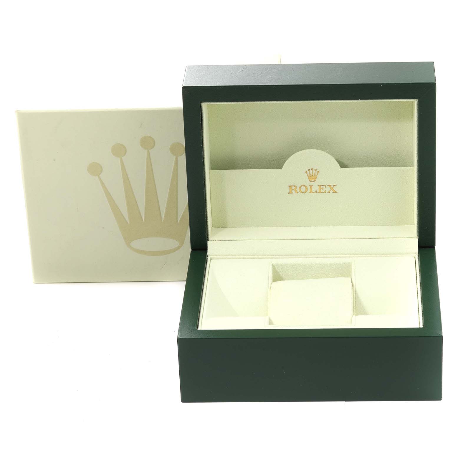 The image shows an empty green and cream-colored Rolex Pearlmaster 80319 Women's White Gold Mother of Pearl Dial 80319 Women's White Gold Mother of Pearl Dial watch box with the lid open, exposing the interior compartments.