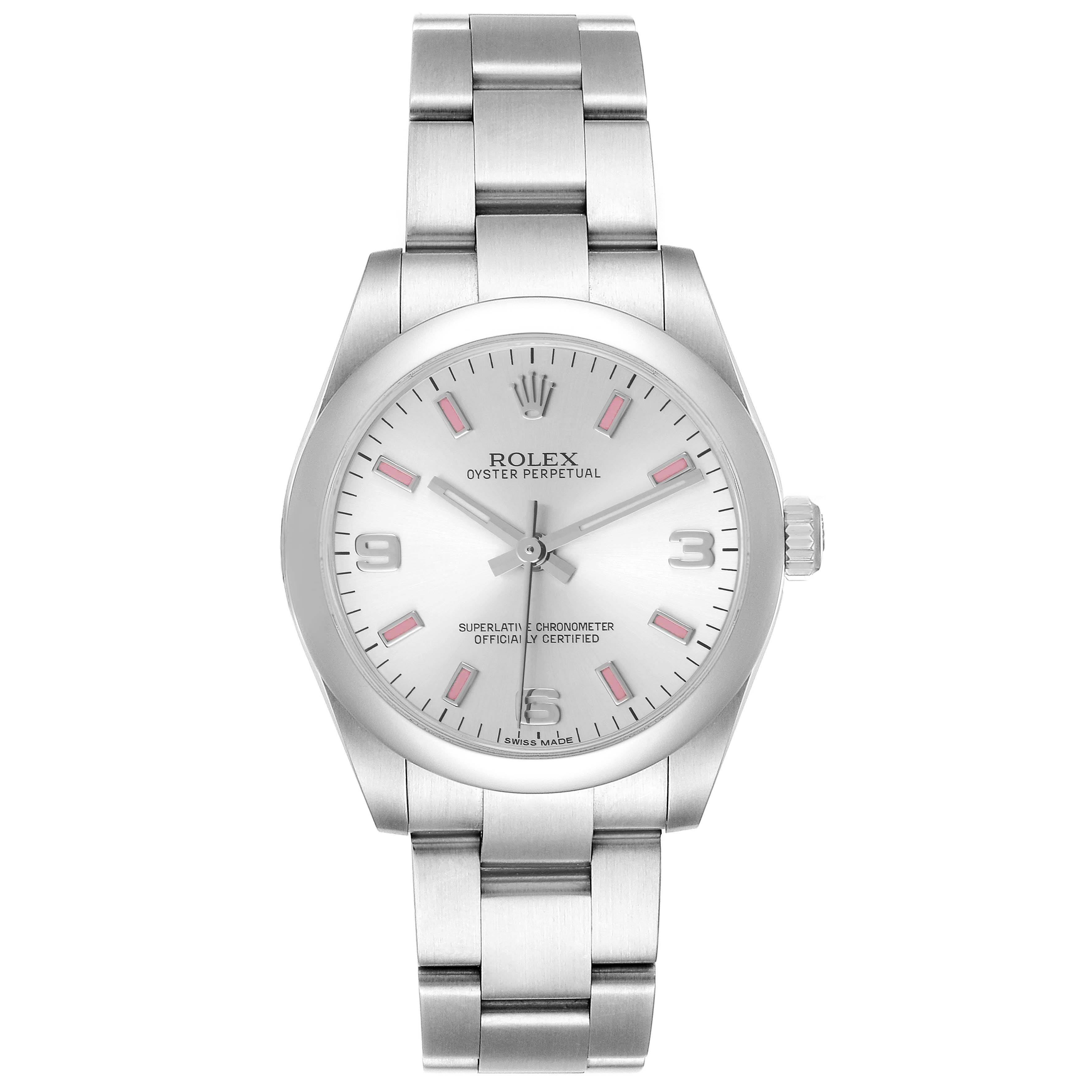 A front view of the Rolex Mid-Size 177200 Women
s Stainless Steel Silver Dial 177200 Women
s Stainless Steel Silver Dial Oyster Perpetual watch, showcasing its dial, hands, bracelet, and crown.