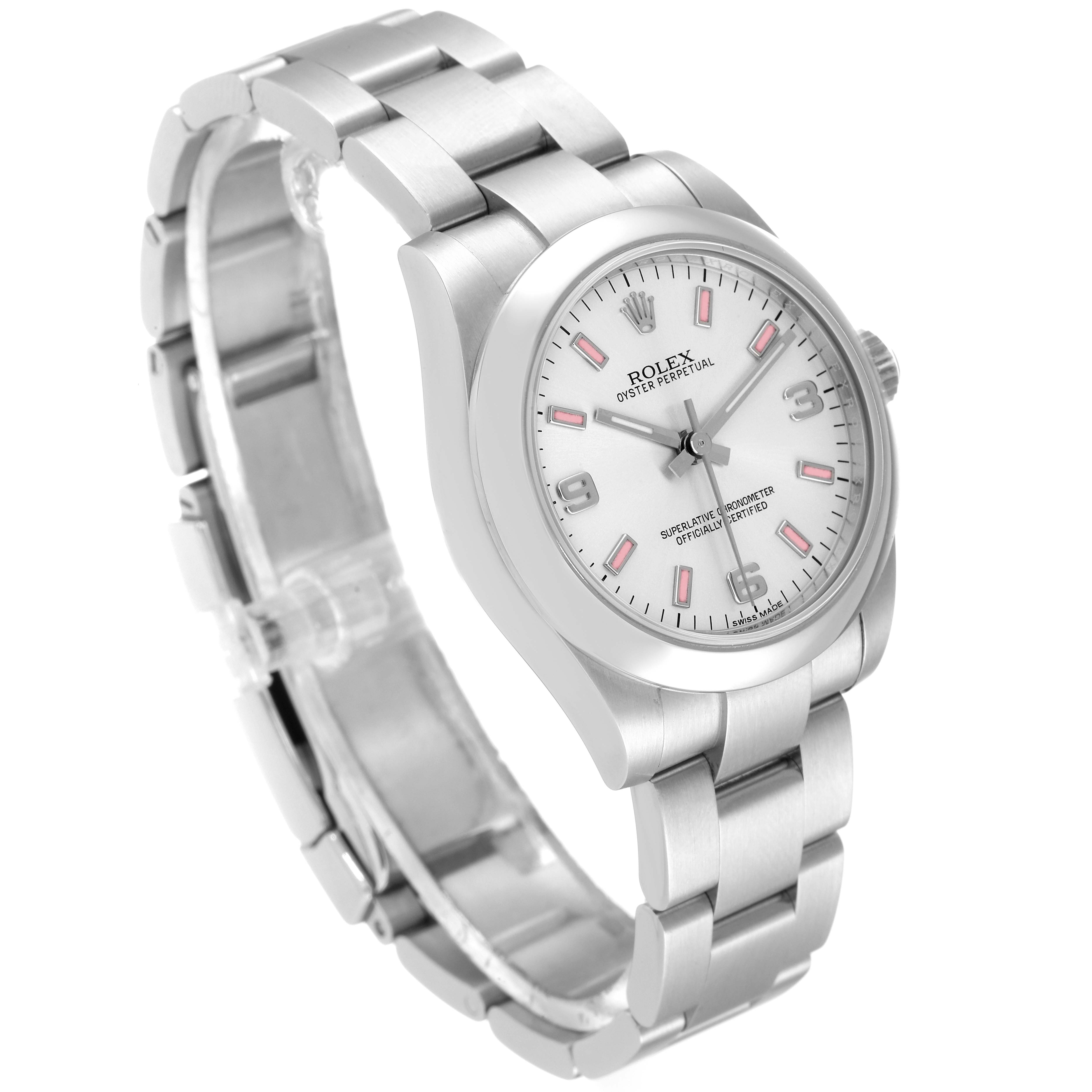 The image shows a Rolex Oyster Perpetual Mid-Size watch from a top-front angle, highlighting the dial, case, and bracelet.