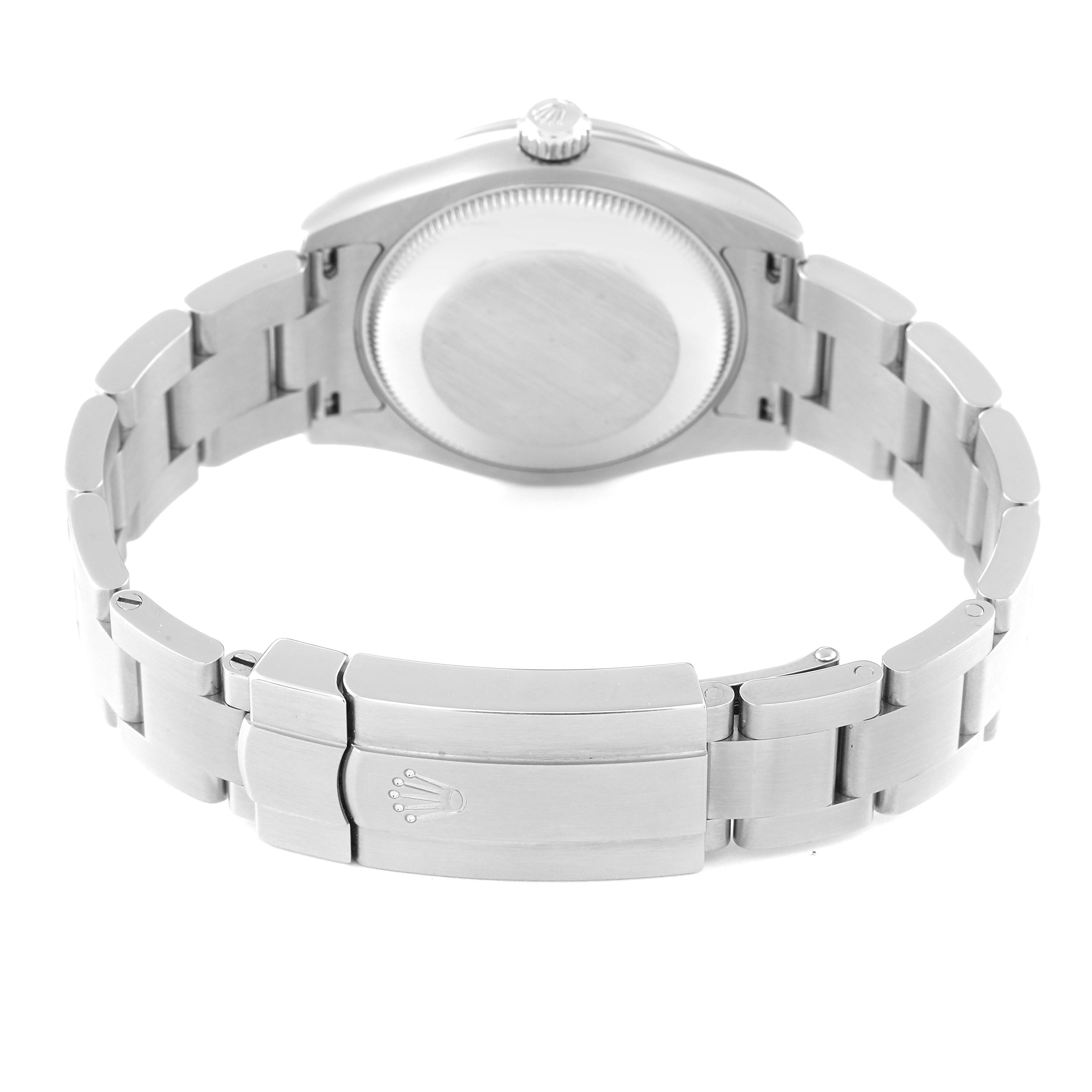 This image shows the back and clasp of a Rolex Mid-Size 177200 Women
s Stainless Steel Silver Dial 177200 Women
s Stainless Steel Silver Dial watch, featuring its bracelet and case back.