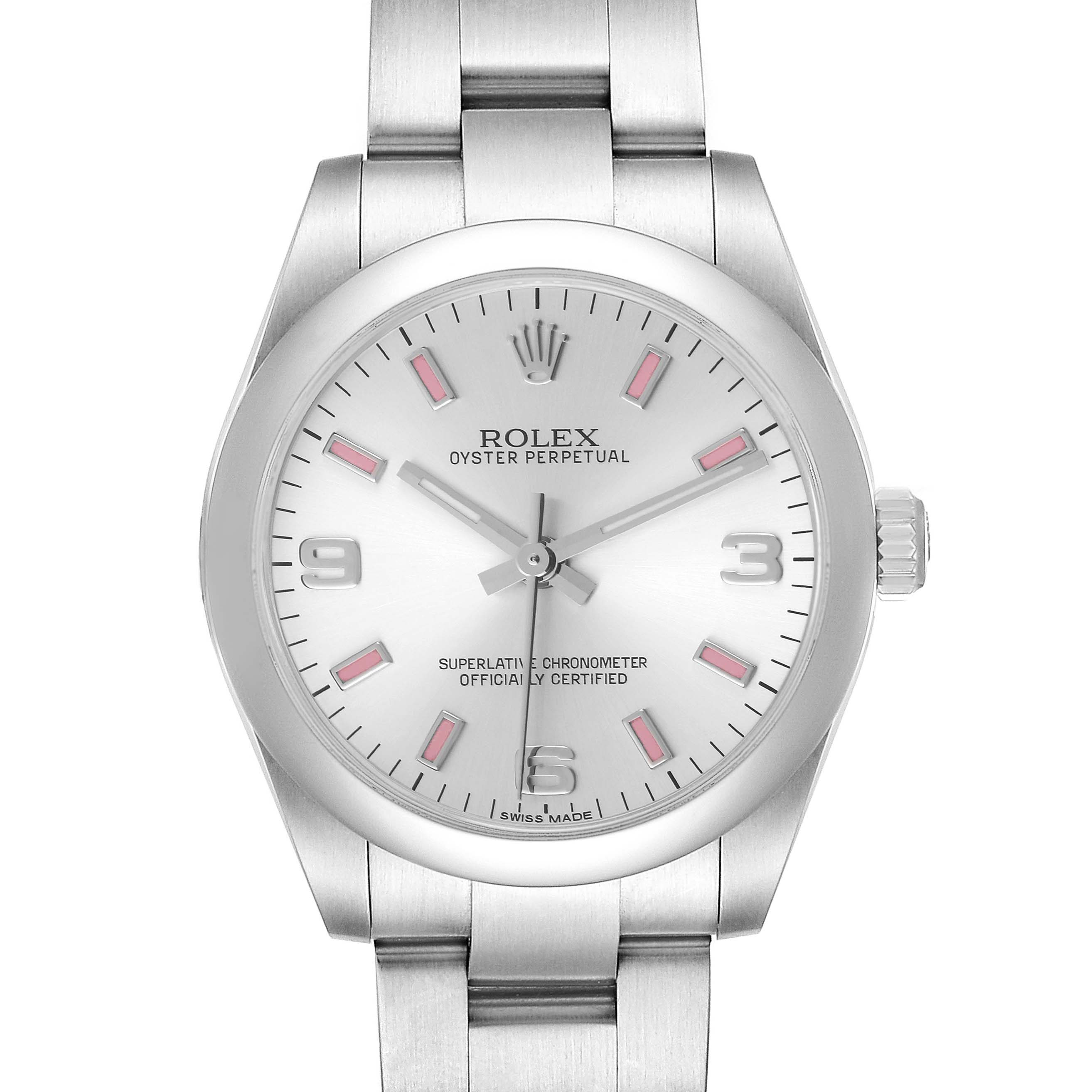 The image shows a front view of a Mid-Size Rolex Oyster Perpetual watch, highlighting the face, bezel, and bracelet.