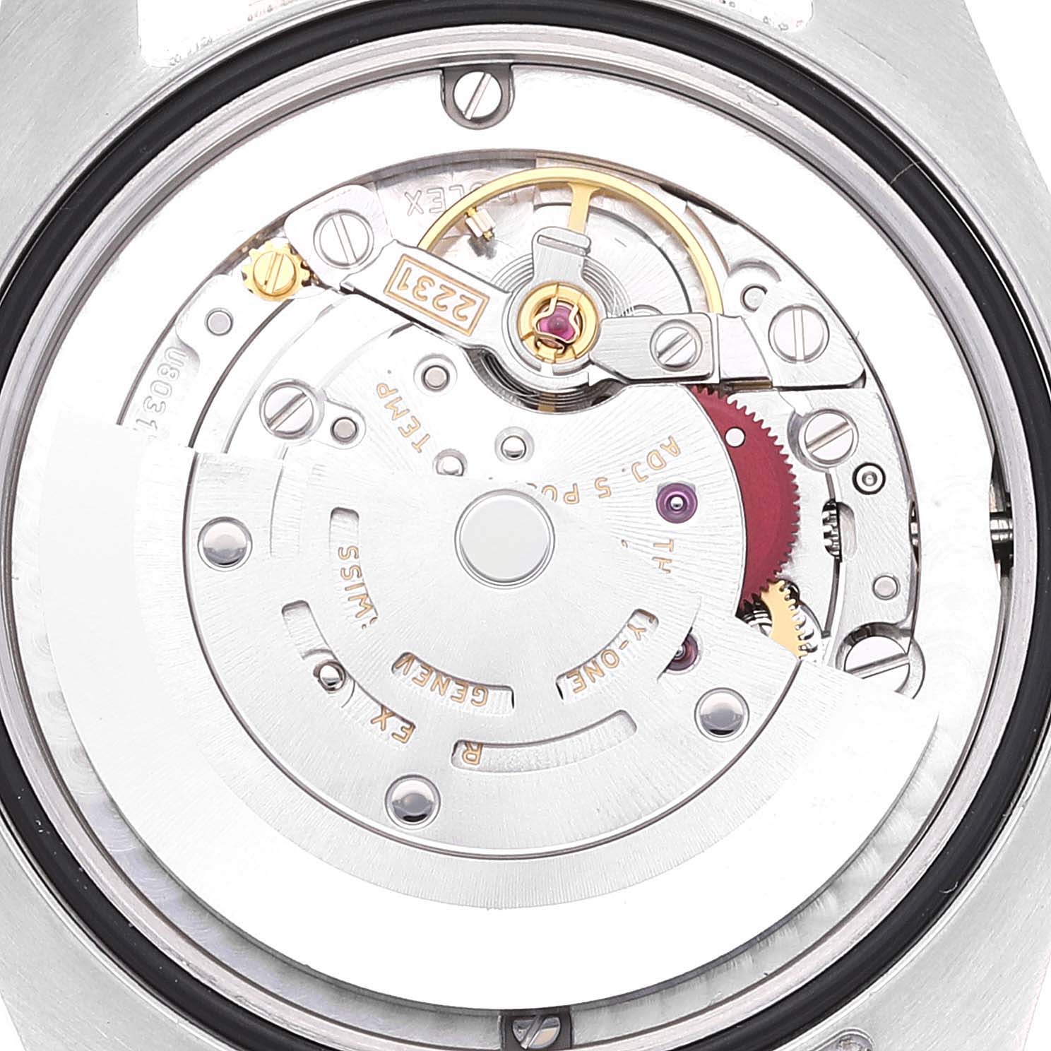 This image shows the inner mechanical movement of a Rolex Mid-Size 177200 Women
s Stainless Steel Silver Dial 177200 Women
s Stainless Steel Silver Dial model watch from a top-down angle.