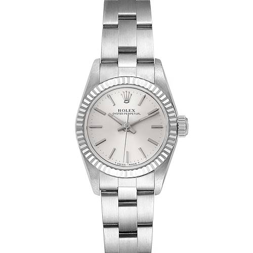 The image shows a frontal view of the Rolex Datejust watch, highlighting its face, bezel, and bracelet.