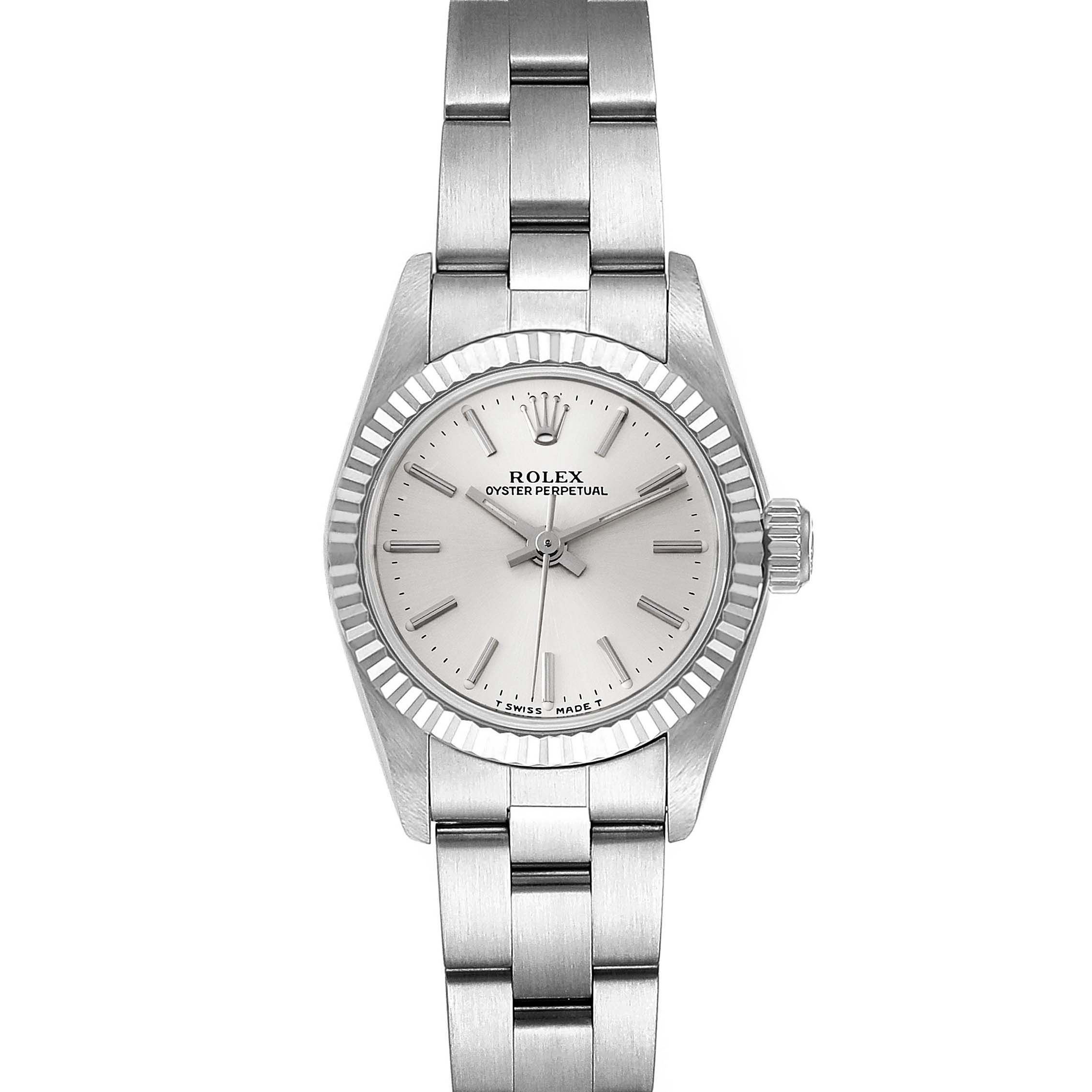 The image shows a frontal view of a Rolex Datejust 67194 Women
s Stainless Steel Silver Dial 67194 Women
s Stainless Steel Silver Dial model, displaying the dial, bezel, and bracelet.