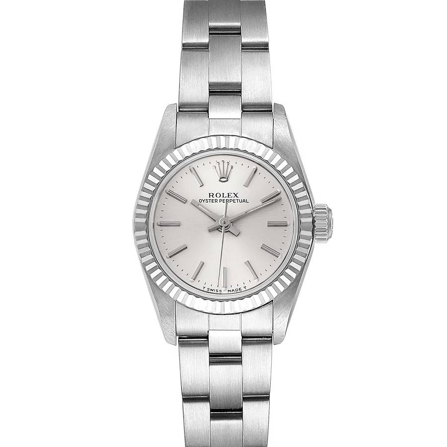 The image shows a frontal view of a Rolex Datejust model, displaying the dial, bezel, and bracelet.